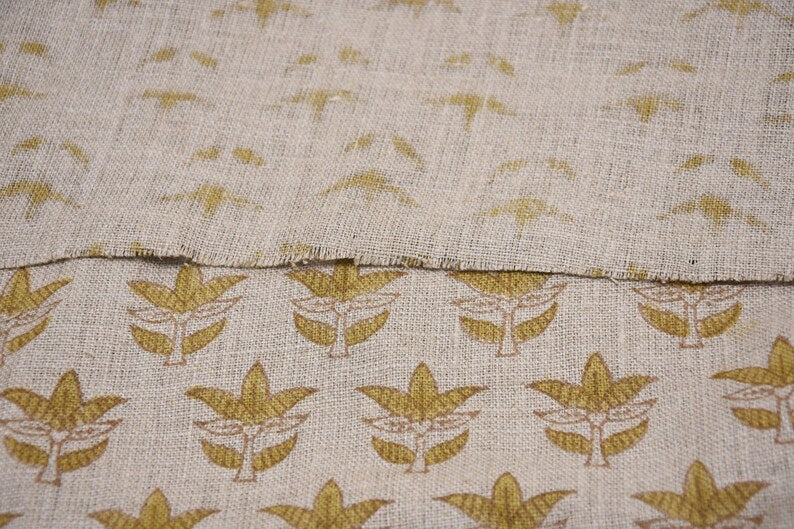 Handmade Artisan Green Leaves Block Printed Curtains Fabric for Farmhouse in Thick Linen - SAAT PATTI