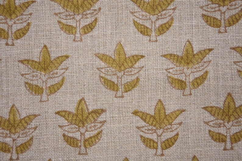 Handmade Artisan Green Leaves Block Printed Curtains Fabric for Farmhouse in Thick Linen - SAAT PATTI