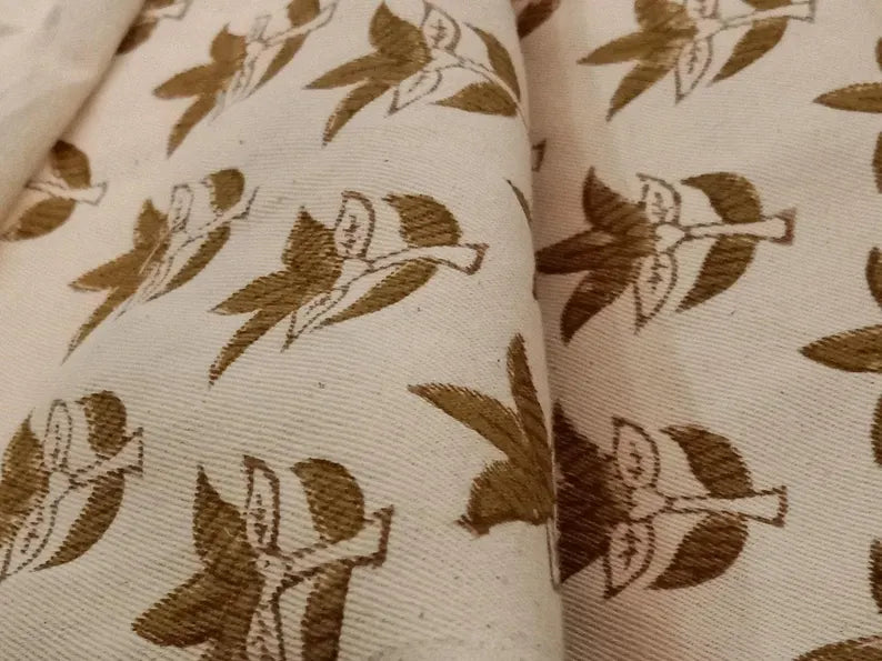 Handblock Printed Brown Leaves Cushion Case Fabric on Duck Canvas - SAAT PATTI