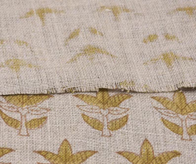 Handmade Artisan Green Leaves Block Printed Curtains Fabric for Farmhouse in Thick Linen - SAAT PATTI