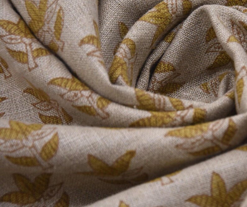 Handmade Artisan Green Leaves Block Printed Curtains Fabric for Farmhouse in Thick Linen - SAAT PATTI