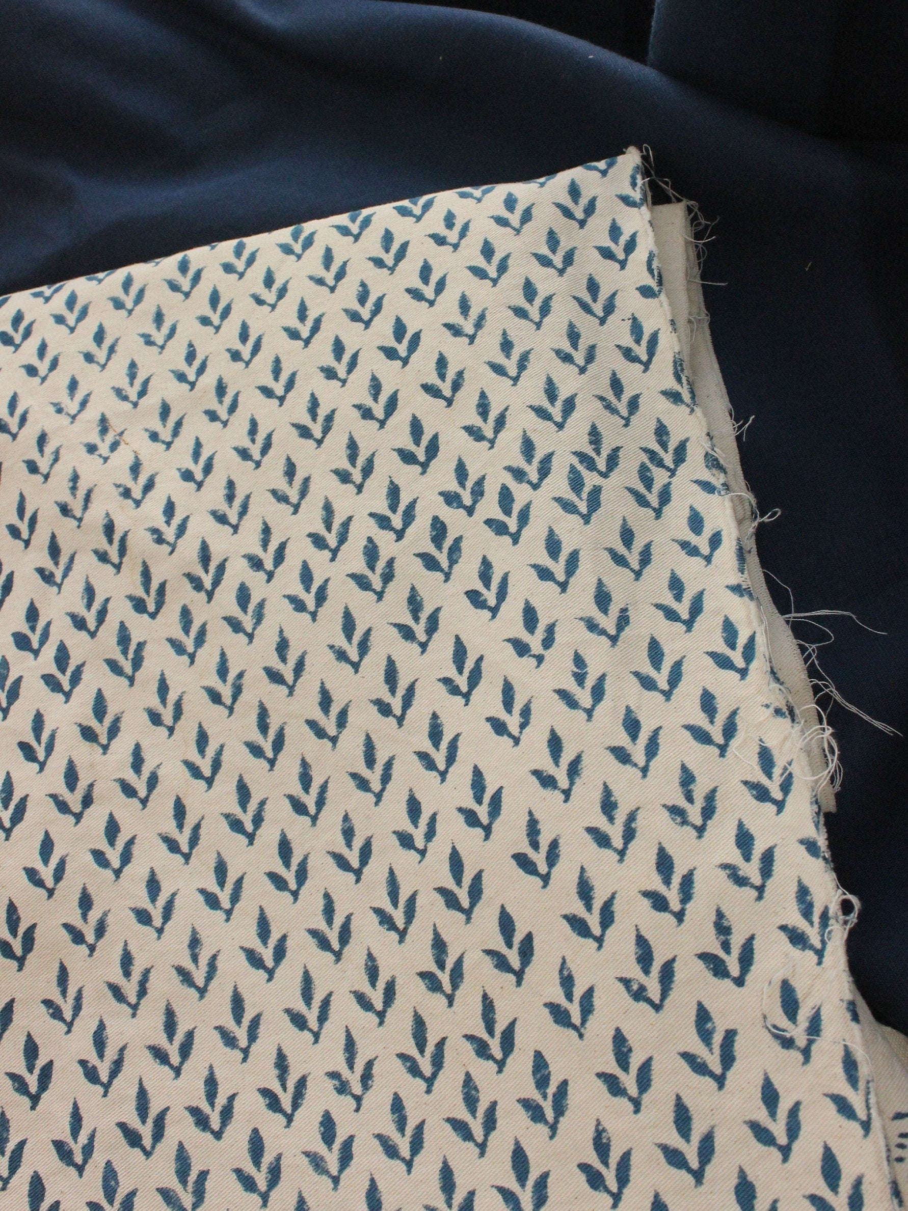 Diya Bati  Beige Blue Block Print Fabric, Indian Linen Fabric, Buy Fabric By The Yard Handmade Upholstery Fabric Linen For Chair And Sofa