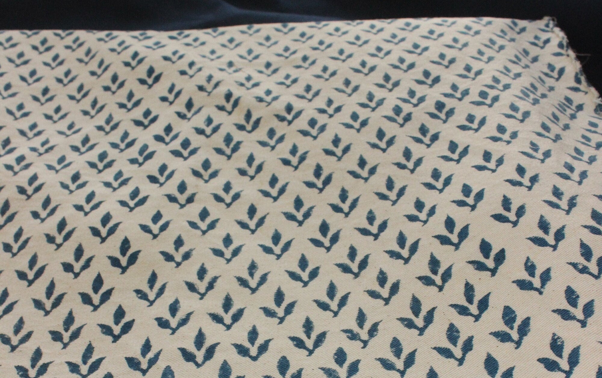 Diya Bati  Beige Blue Block Print Fabric, Indian Linen Fabric, Buy Fabric By The Yard Handmade Upholstery Fabric Linen For Chair And Sofa
