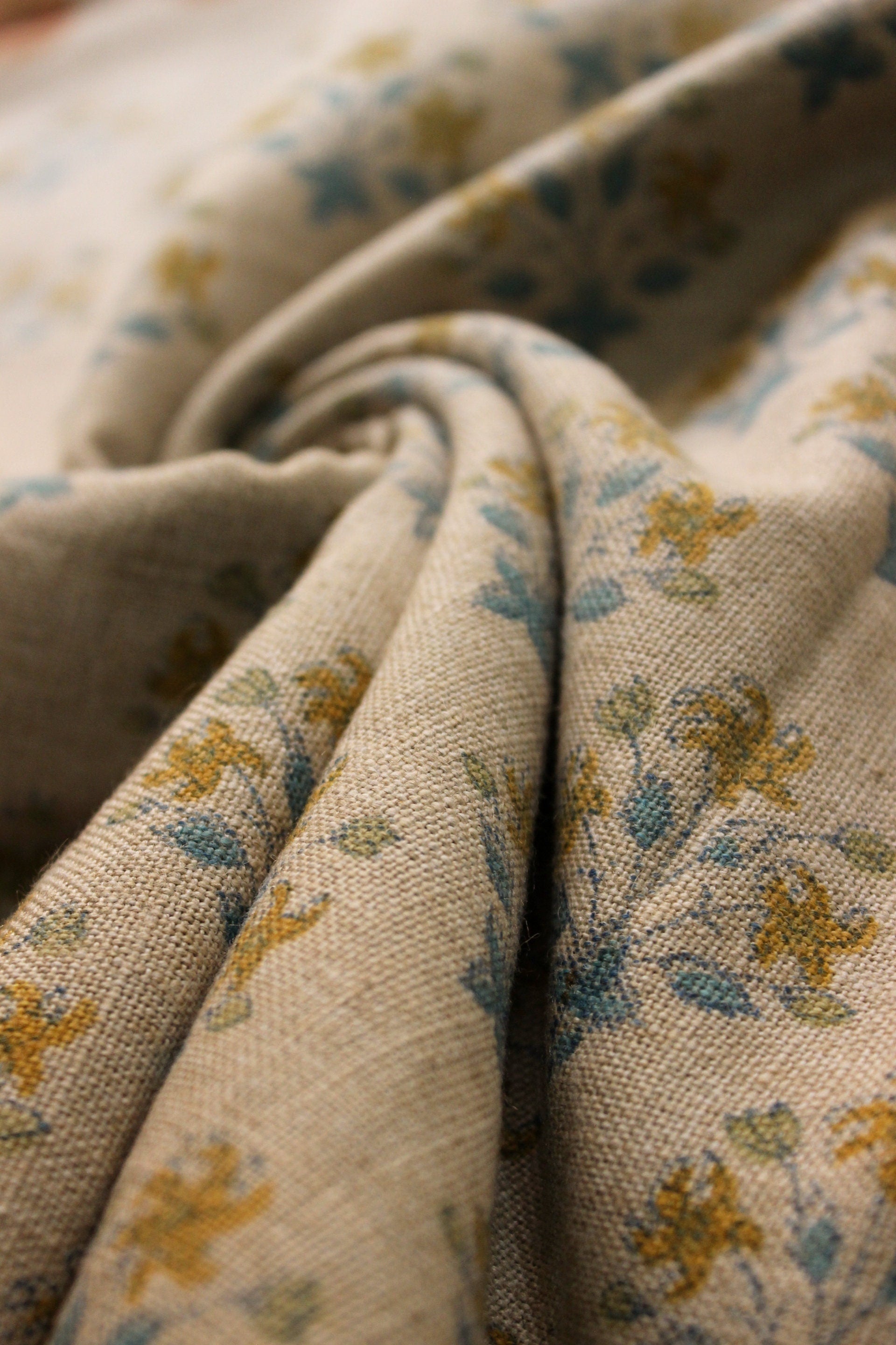 Diwali Flower   Decor Linens,Best For Upholstery,Crafting,Diy,Pure Natural Linen Fabric, Floral Hand Block Print Thick Linen  58"Inch