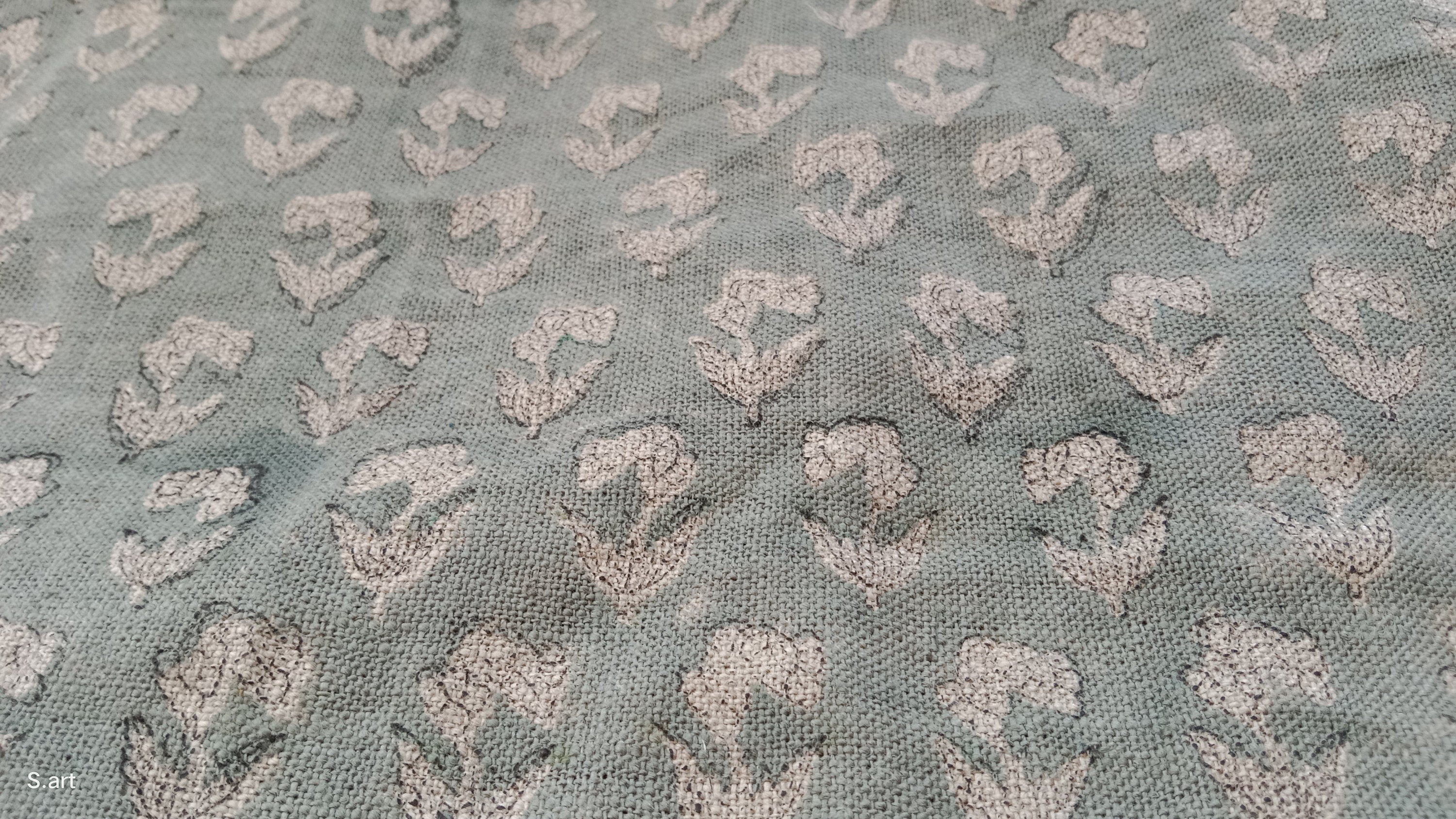 Block Print Linen Fabric, Superstar Fabric  Floral Block Print Thick Linen, Floral Print Fabric By The Yard, Cushion Cover, Upholstery
