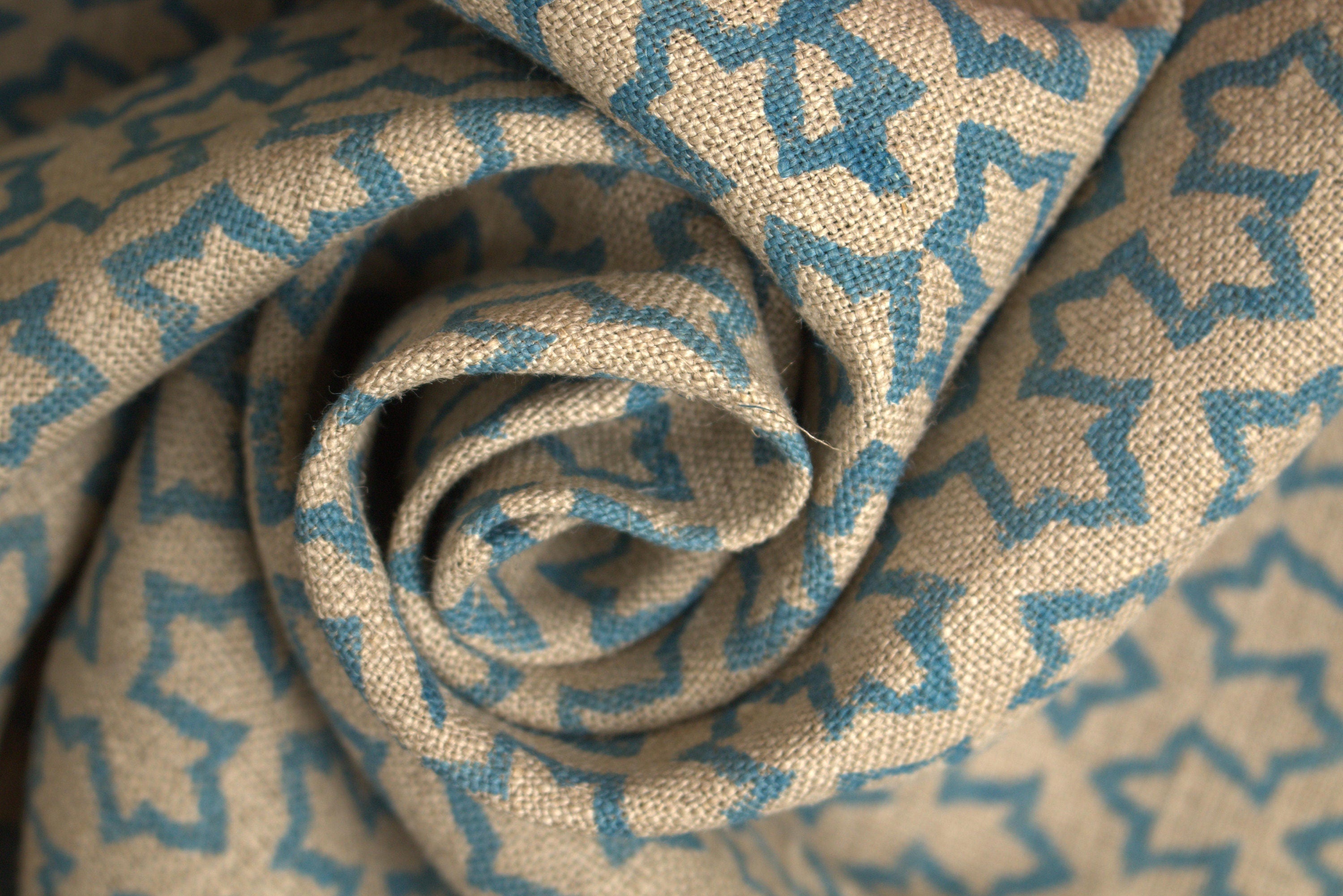 Block Print Linen Fabric, Zig Zag  Block Print Handloom Linen Fabric Linen Fabric Flower Light Tan Colour,Home Decor, Upholstery Fabric,Pillow Cover, Table Cloth