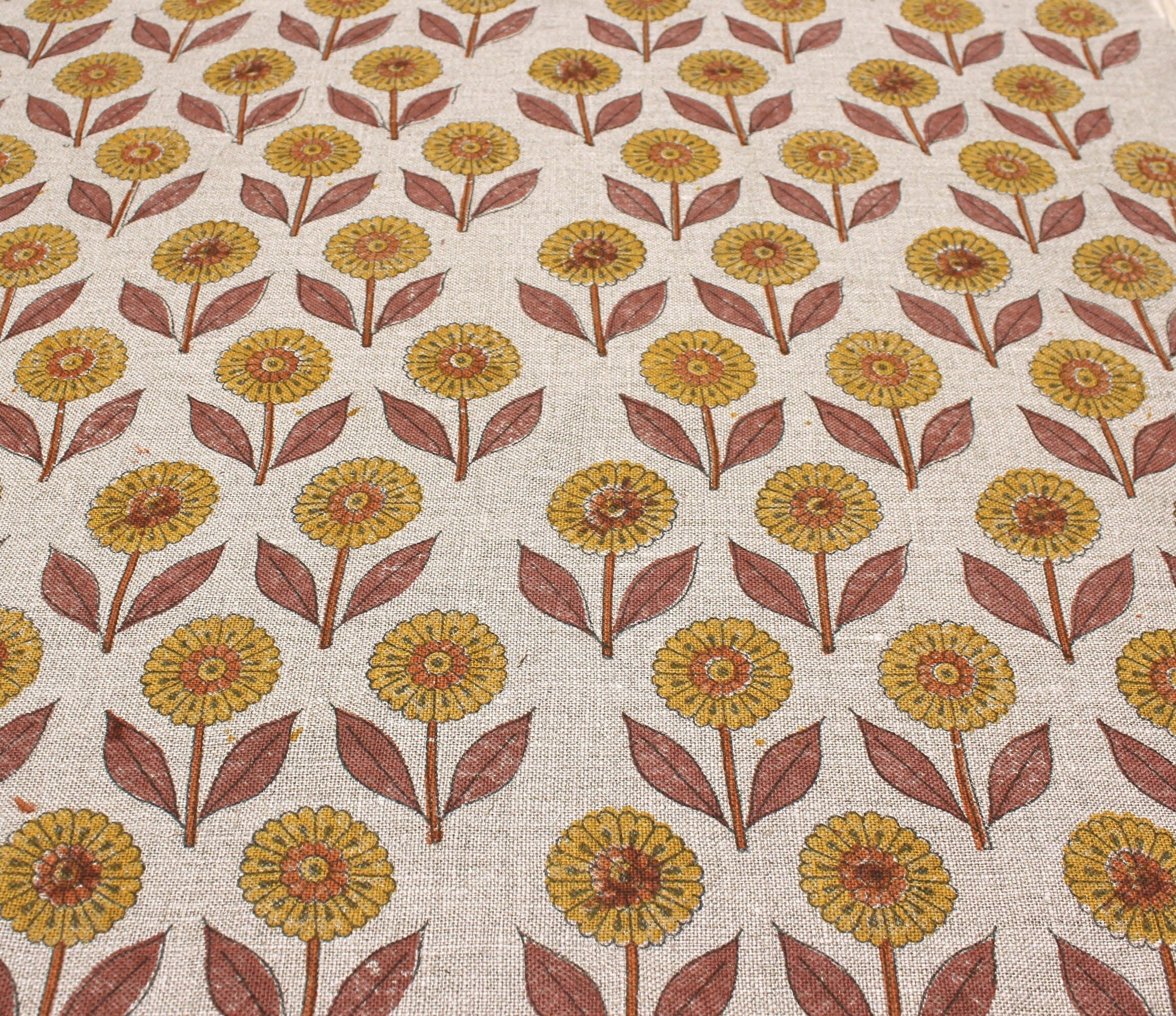 Genda Pushp  Flower Hand Block Print Fabric,Heavy Hand Woven Linen Pillow Case,Printed Upholstery Fabrics