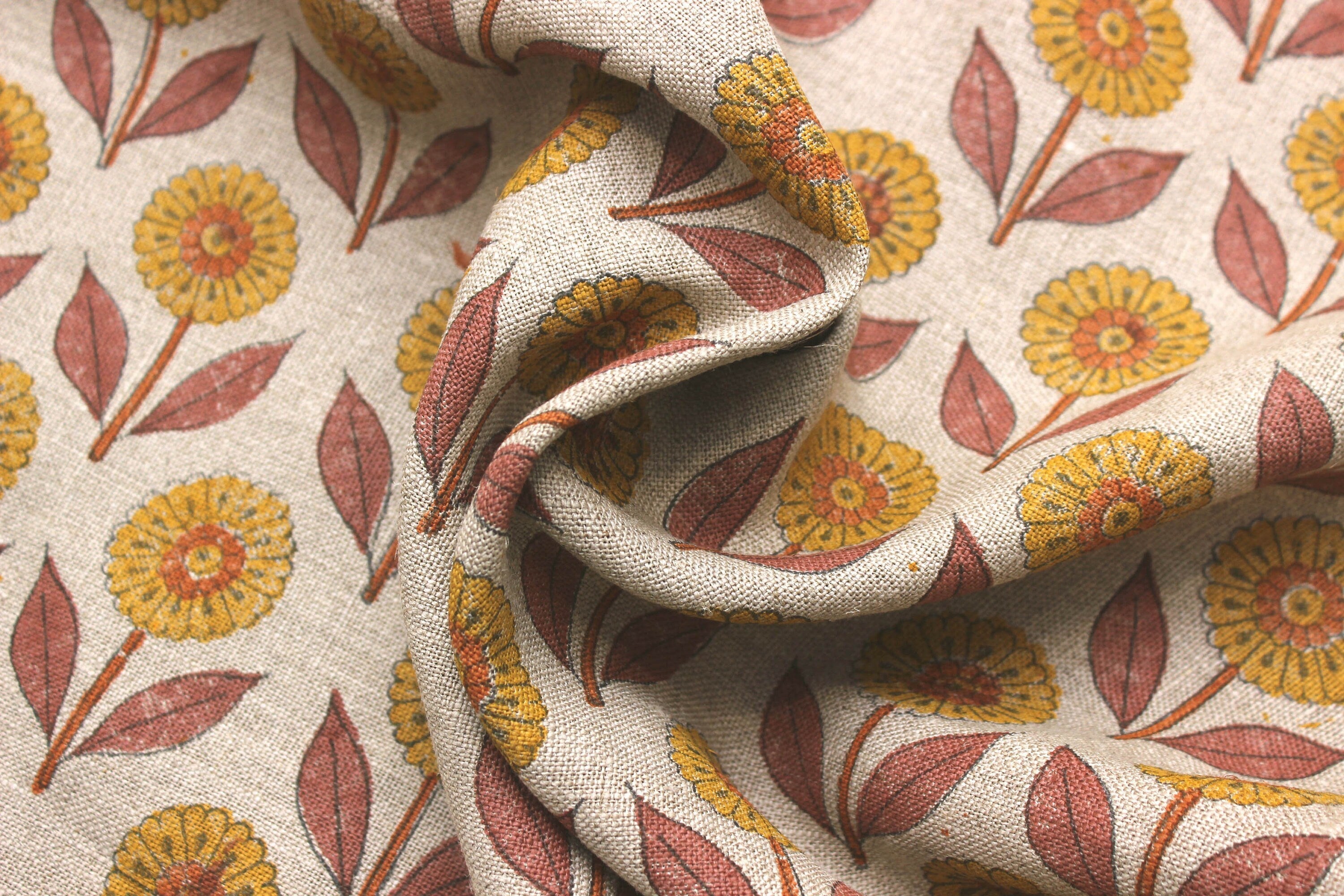 Genda Pushp  Flower Hand Block Print Fabric,Heavy Hand Woven Linen Pillow Case,Printed Upholstery Fabrics