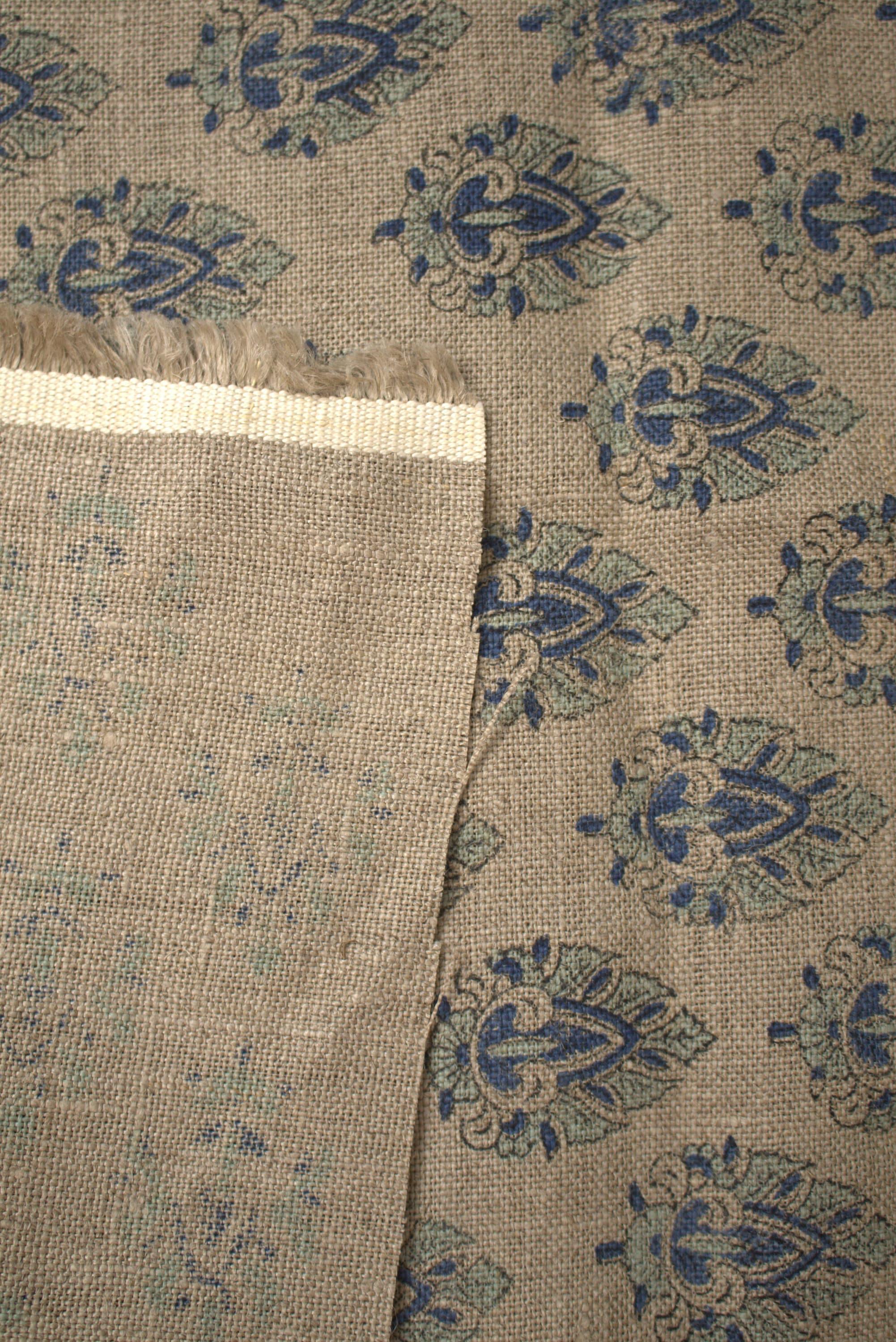 Betel Leaf B  Floral Block Print Fabric, Linen Upholstery Fabric, Fabric For Pillow Covers