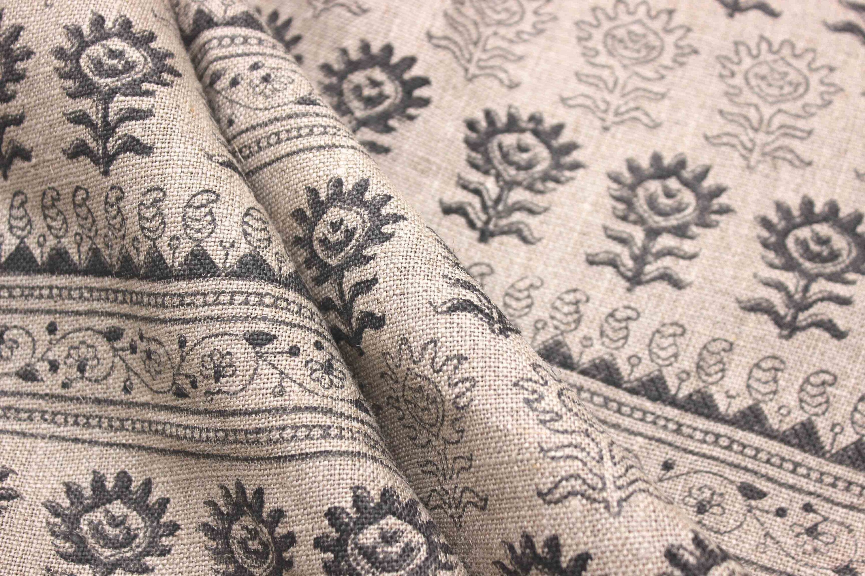 Block Print Linen Fabric, Surajmukhi  Indian Linen Fabric Block Print Pillow Linen Cover Fabric, Floral Ethnic Art Of Bagru, Heavy Handloom Linen 300Gsm 58" Width