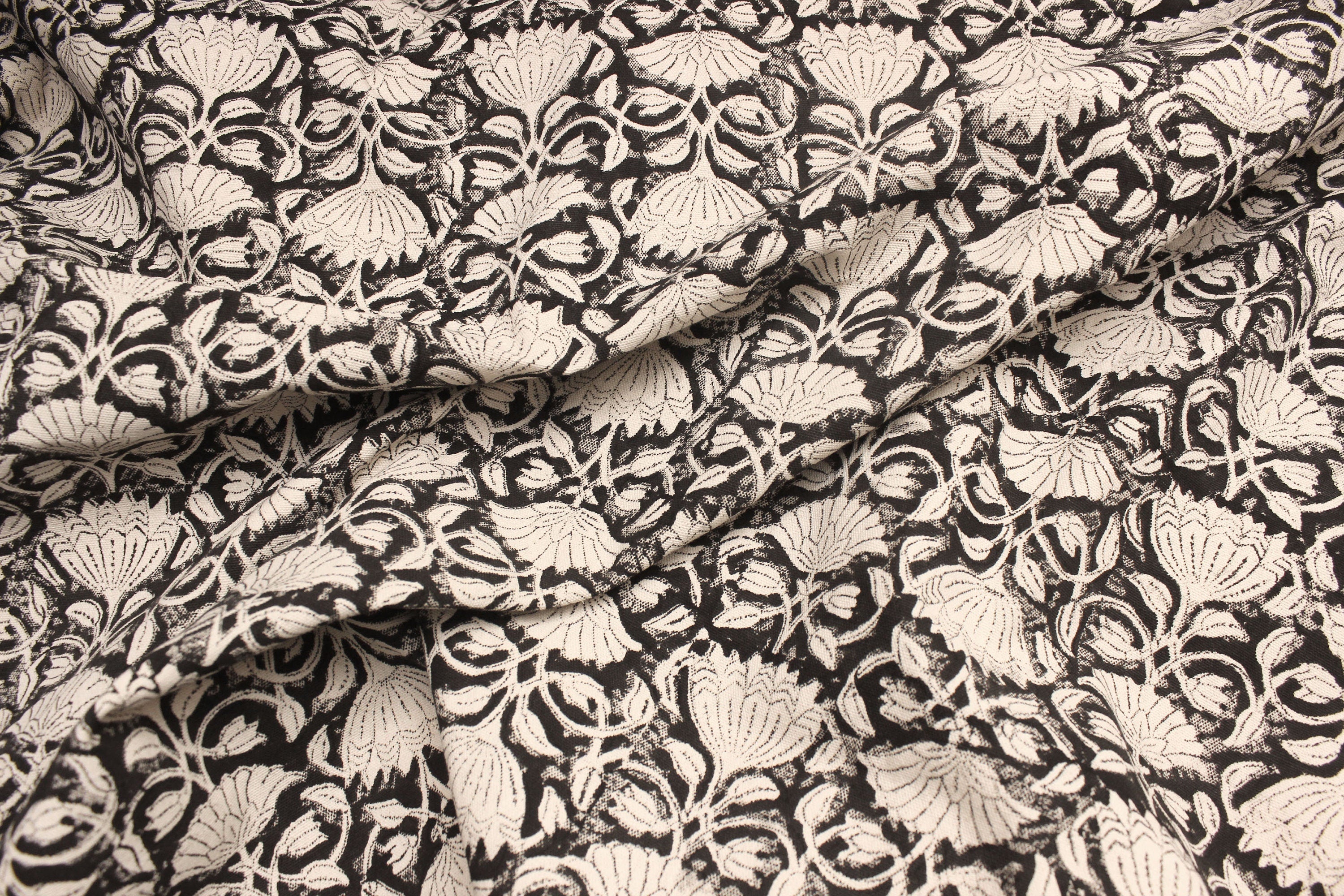 Block Print Linen Fabric, Ulta Kamal  Block Print Fabric By The Yard, Floral Black Beige Base Fabric, Indian Block Printed Fabrics, Fabric, Block Print