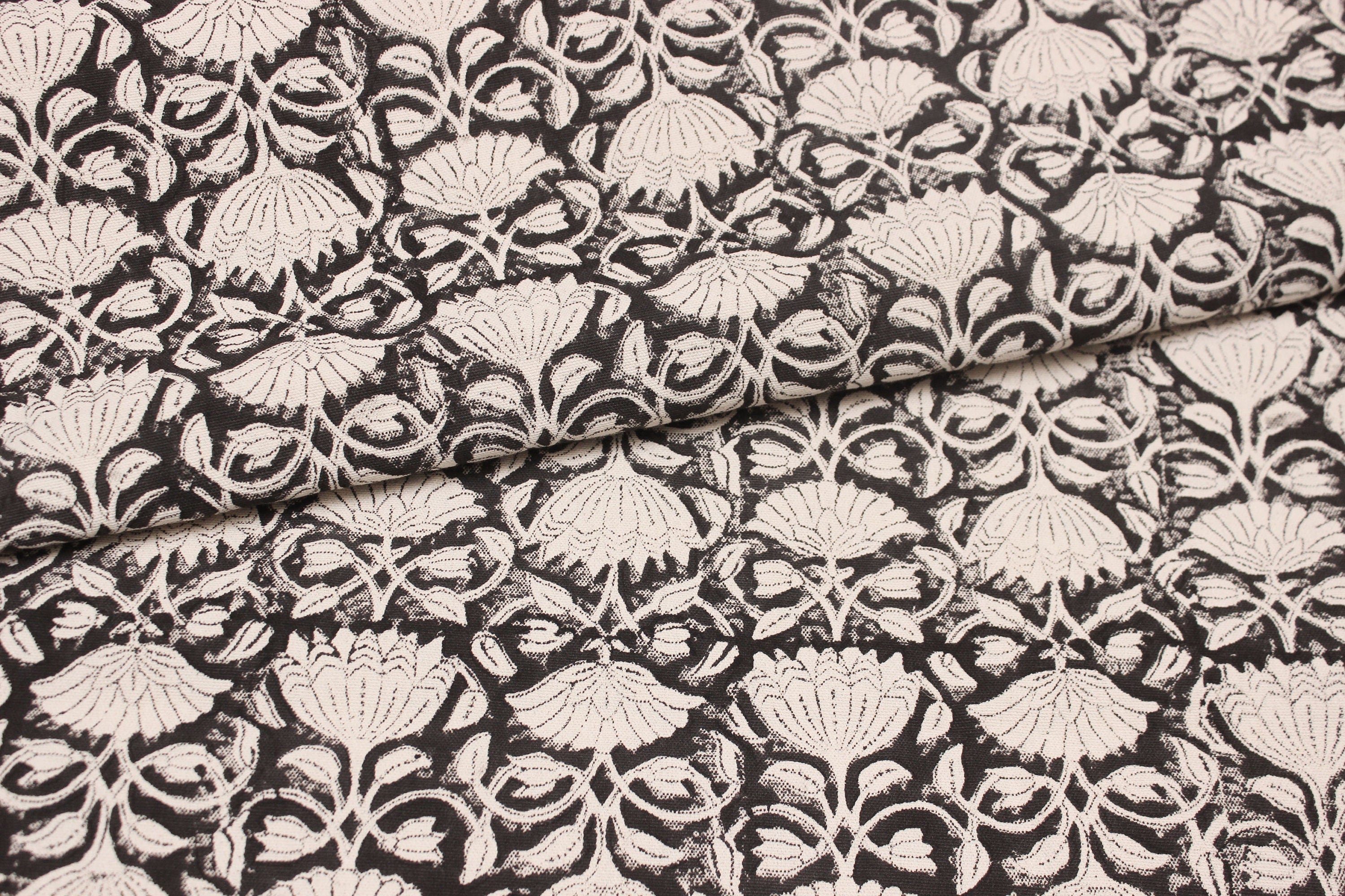 Block Print Linen Fabric, Ulta Kamal  Block Print Fabric By The Yard, Floral Black Beige Base Fabric, Indian Block Printed Fabrics, Fabric, Block Print
