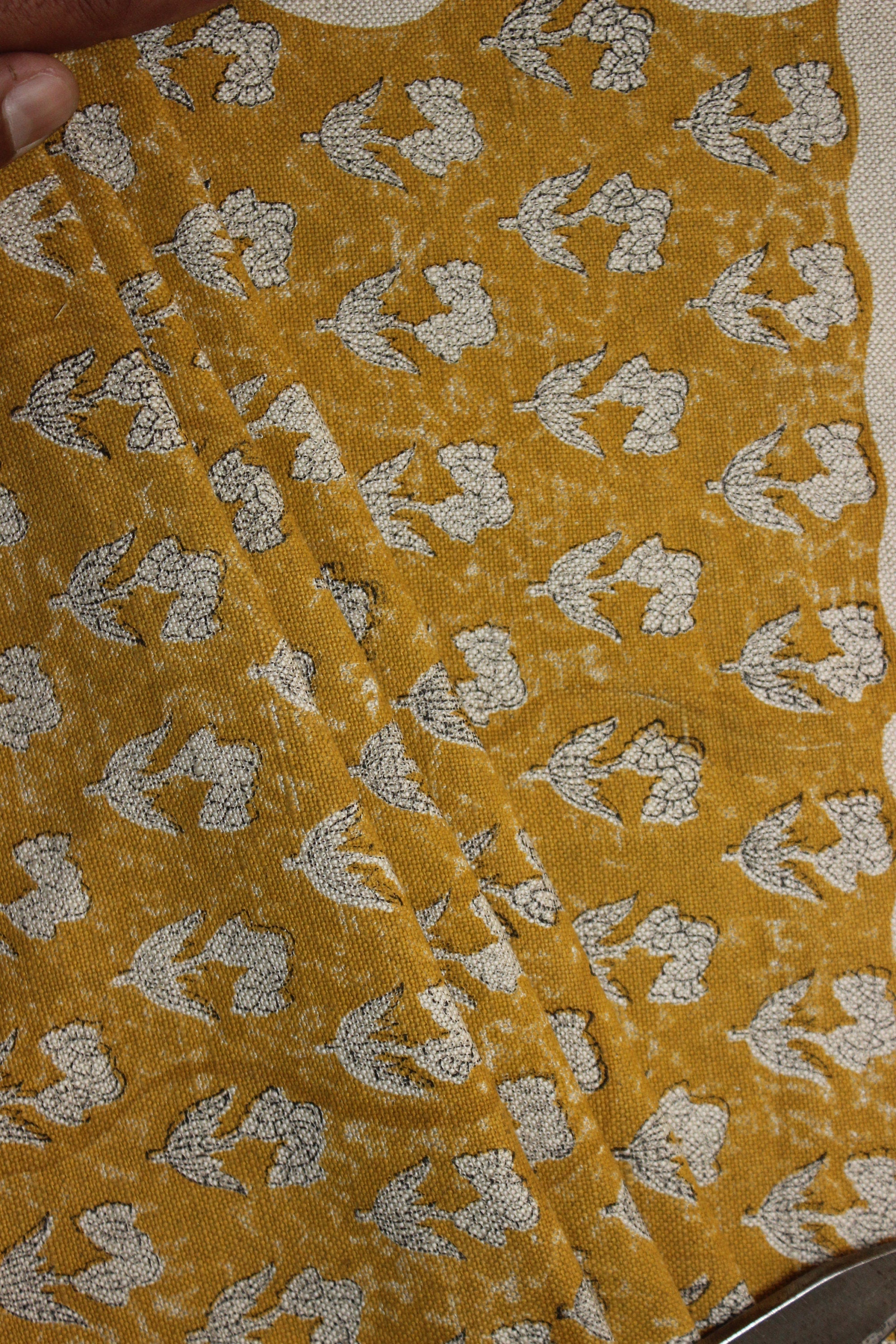 Block Print Linen Fabric, Thick Handloom Linen Fabric Block Print Mustard Color Floral Linen Fabric For Cushion Pillow Cover, Upholstery Fabric