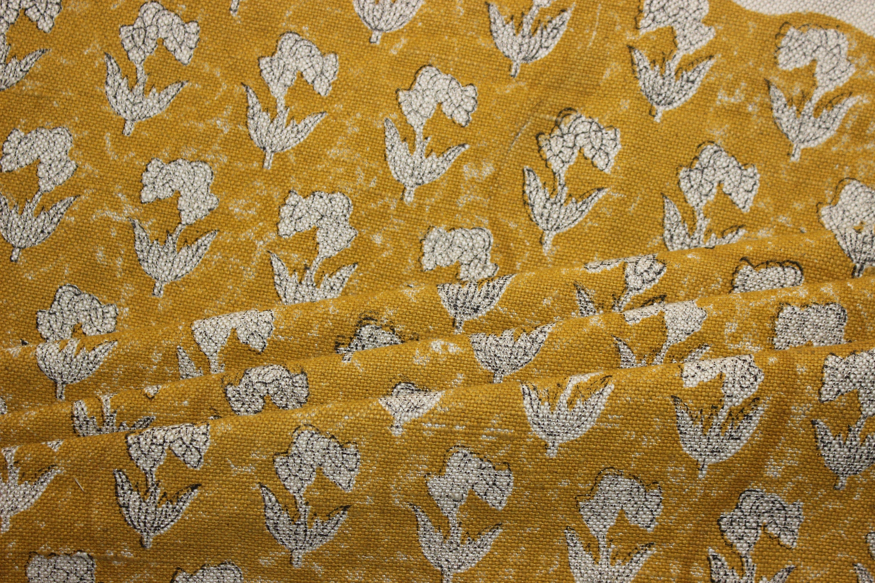 Block Print Linen Fabric, Thick Handloom Linen Fabric Block Print Mustard Color Floral Linen Fabric For Cushion Pillow Cover, Upholstery Fabric