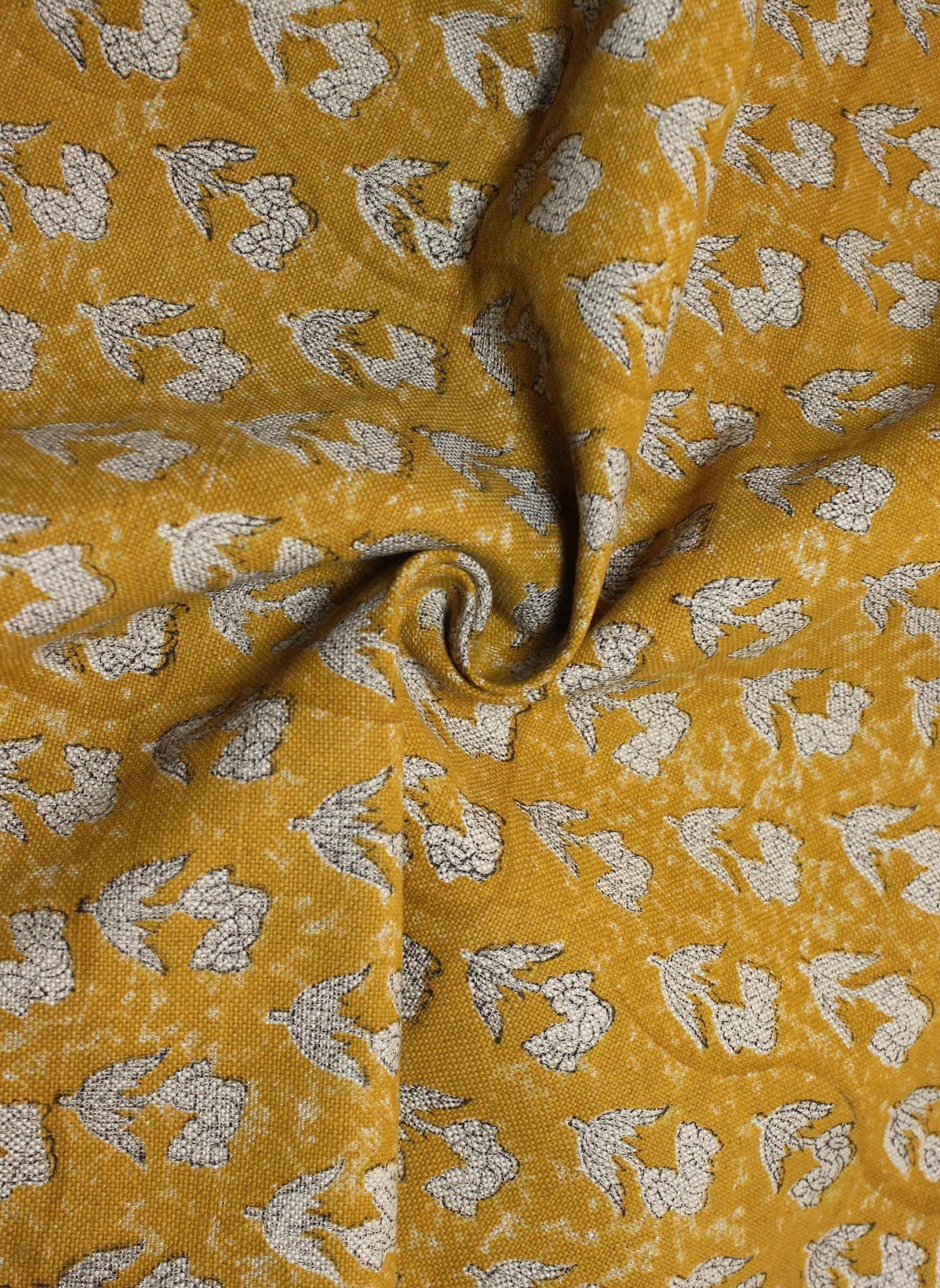 Block Print Linen Fabric, Thick Handloom Linen Fabric Block Print Mustard Color Floral Linen Fabric For Cushion Pillow Cover, Upholstery Fabric