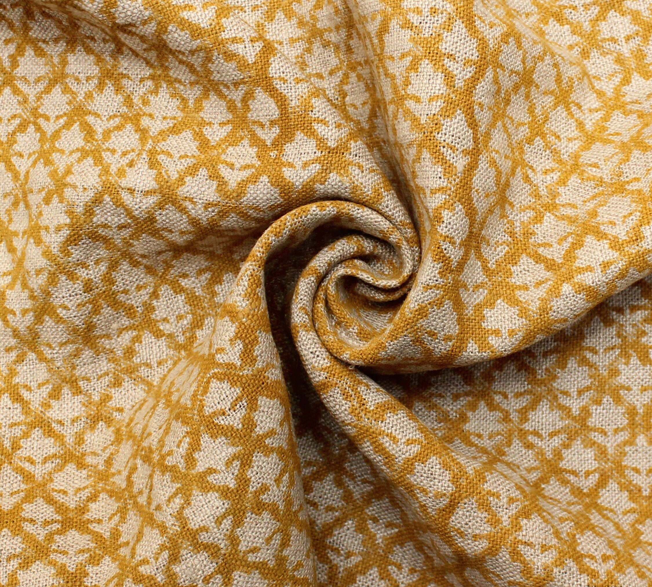 Block Print Linen Fabric, Pinkcity Jaal  Flower  Natural Colors Block Printing Art Linen Fabric, 100% Flax Linen, Upholstery Fabric By The Yard,