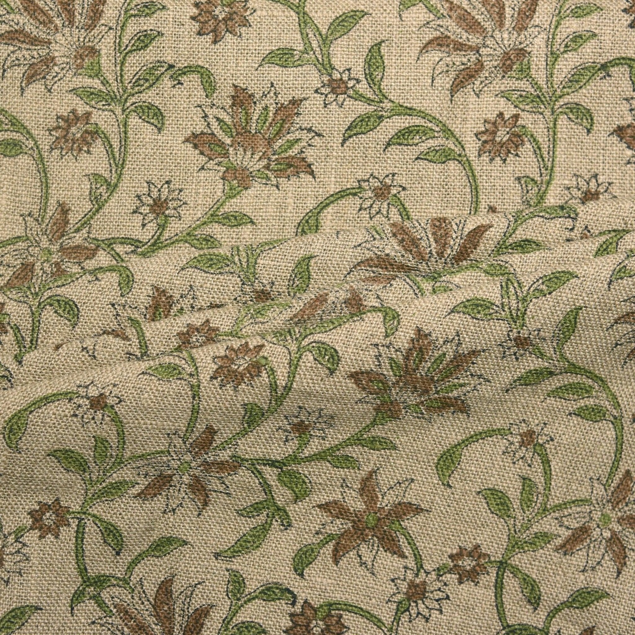 Aaradhna Floral  Brown Green Floral Block Print Linen Fabric, Hand Loom Home Decor Linen Cotton Fabric, Cushion Fabric