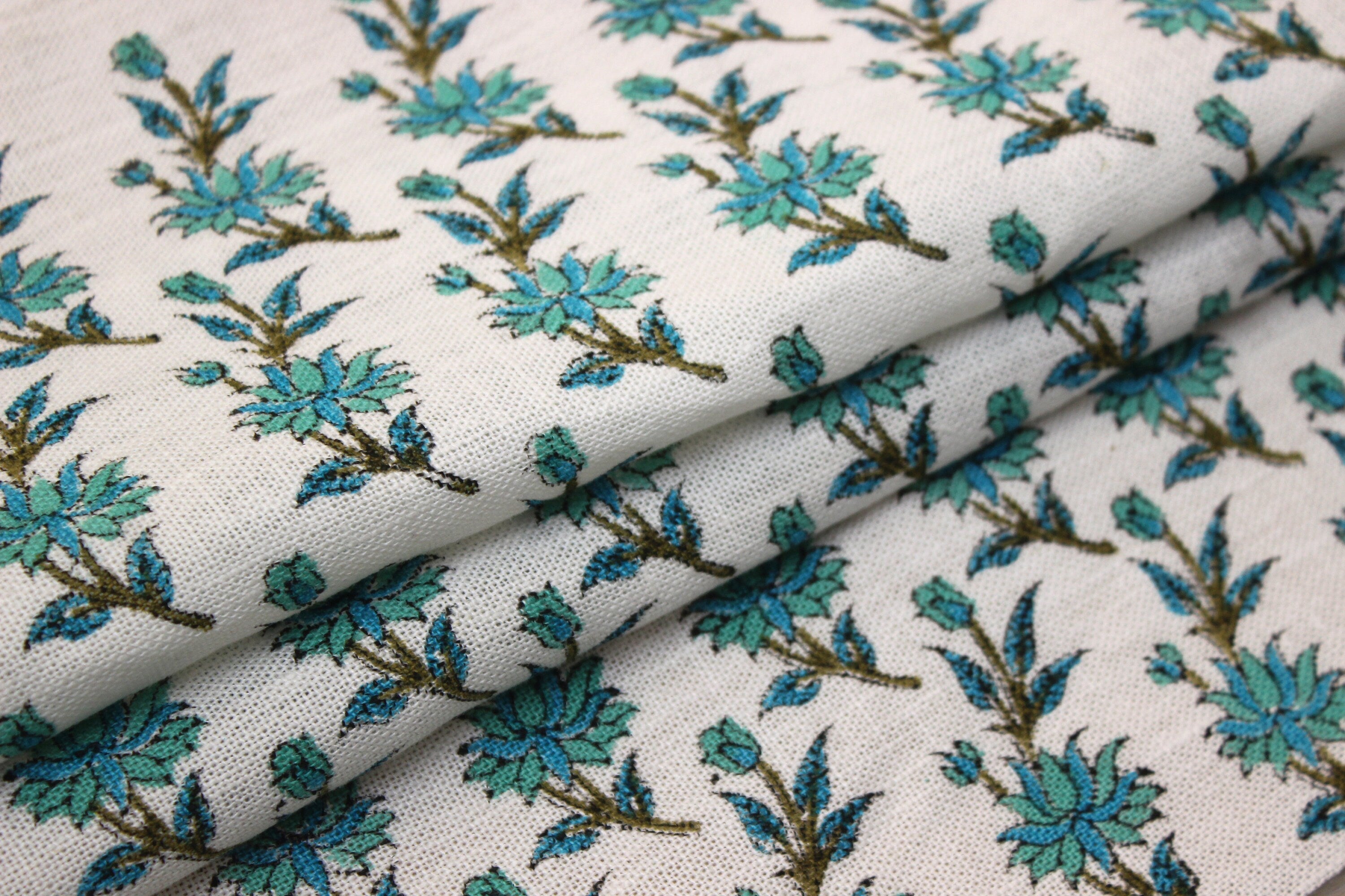 Block Print off white Linen 58" Wide, Genuine Fabric, Curtain Cover, Floral, Indian Cushion Cover - Deepika