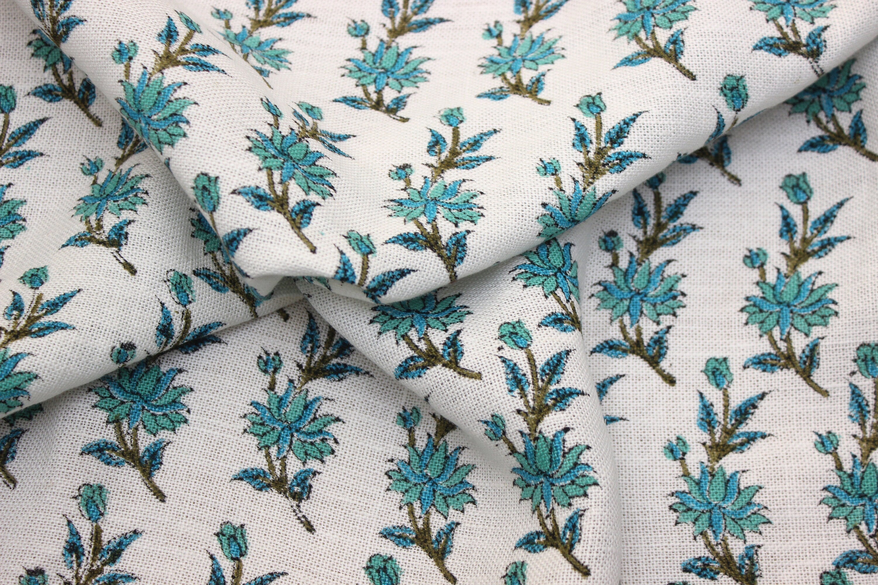 Block Print off white Linen 58" Wide, Genuine Fabric, Curtain Cover, Floral, Indian Cushion Cover - Deepika