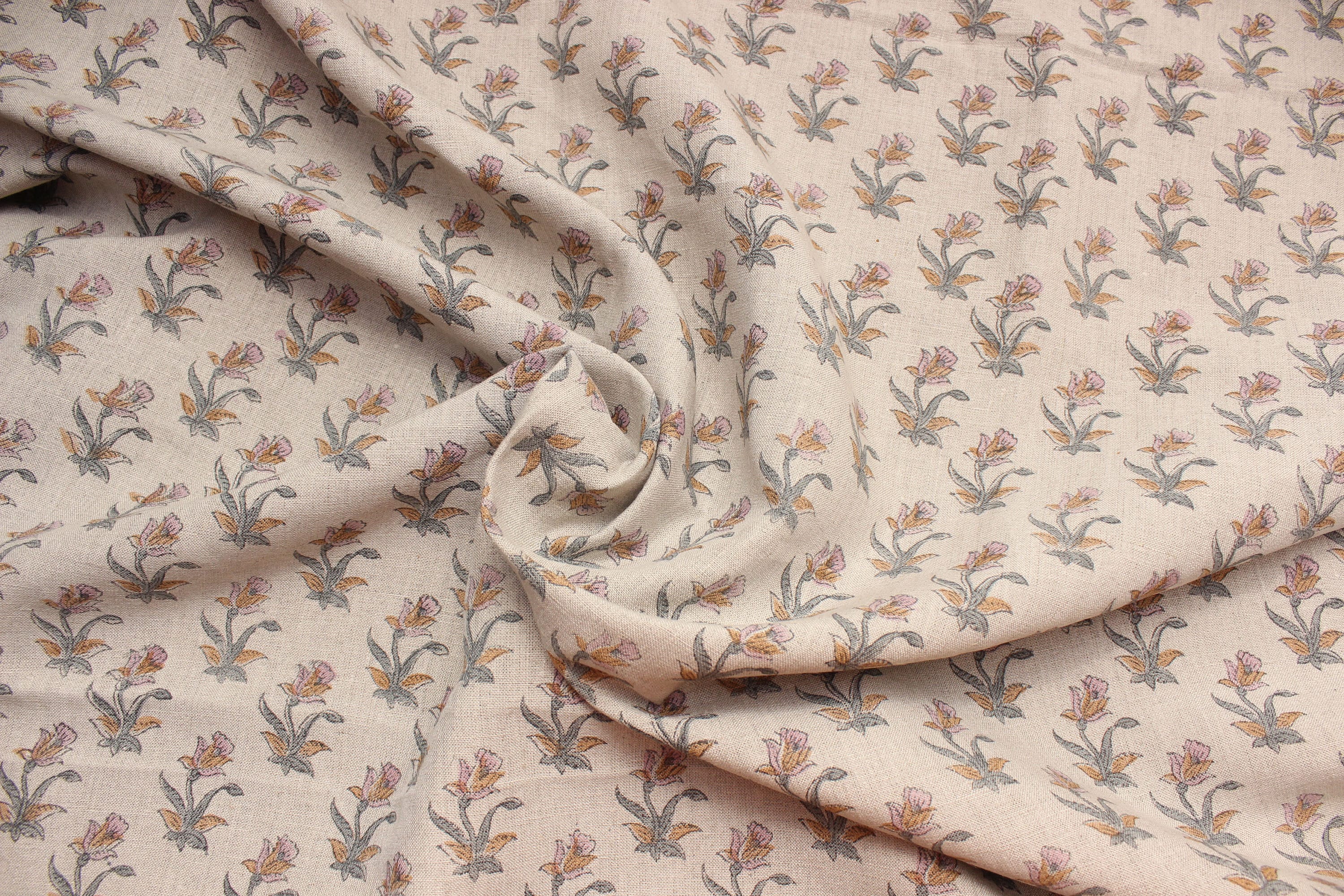 Coastal Tulip  Pure Linen Block Print  Block Print Fabric, Printed Linen Fabric, Block Print Upholstery Fabric, By The Yard, Linen Fabric,