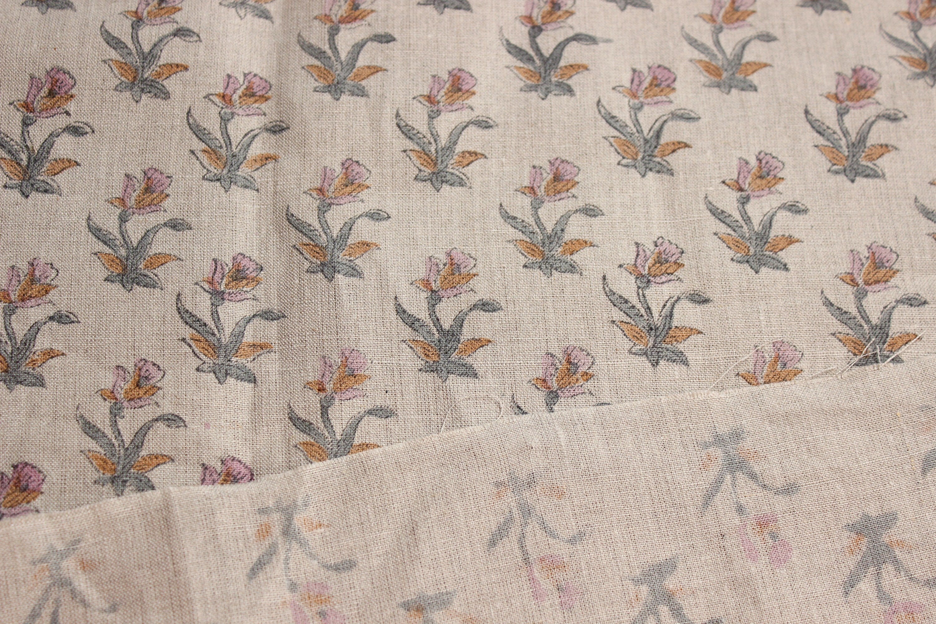 Coastal Tulip  Pure Linen Block Print  Block Print Fabric, Printed Linen Fabric, Block Print Upholstery Fabric, By The Yard, Linen Fabric,