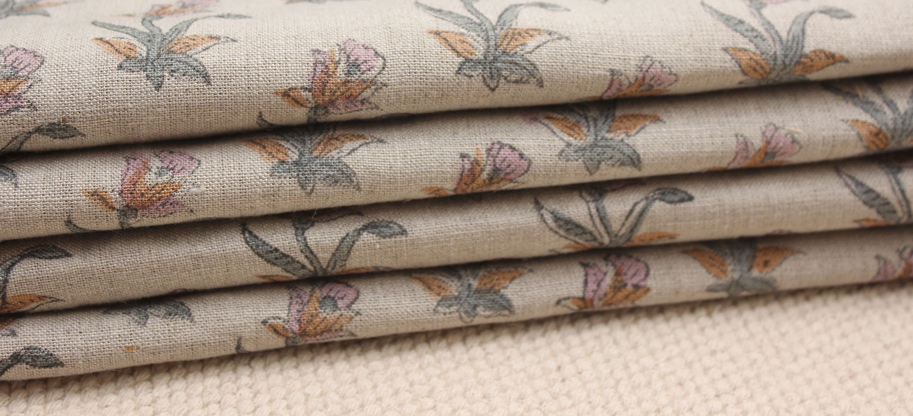 Coastal Tulip  Pure Linen Block Print  Block Print Fabric, Printed Linen Fabric, Block Print Upholstery Fabric, By The Yard, Linen Fabric,