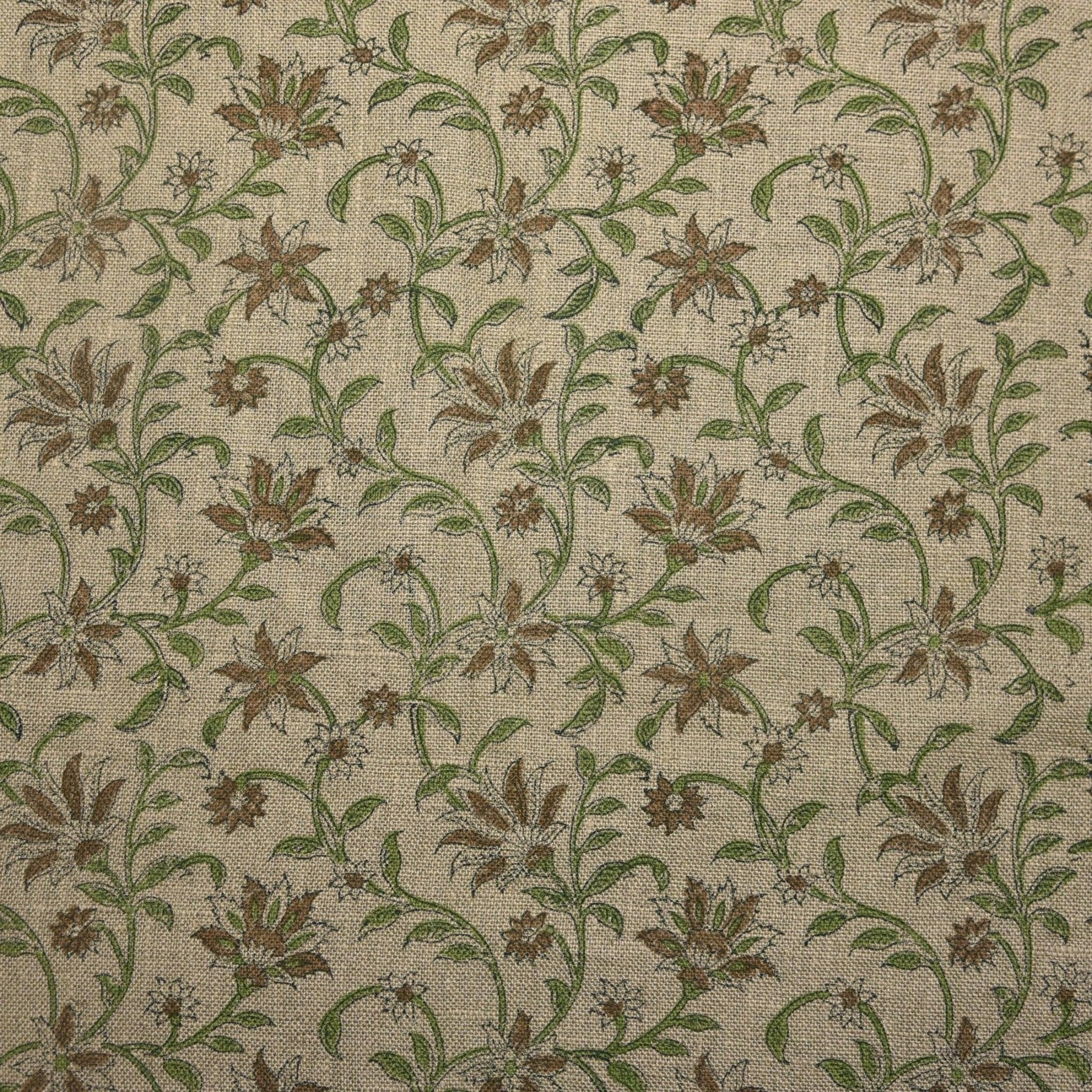 Aaradhna Floral  Brown Green Floral Block Print Linen Fabric, Hand Loom Home Decor Linen Cotton Fabric, Cushion Fabric