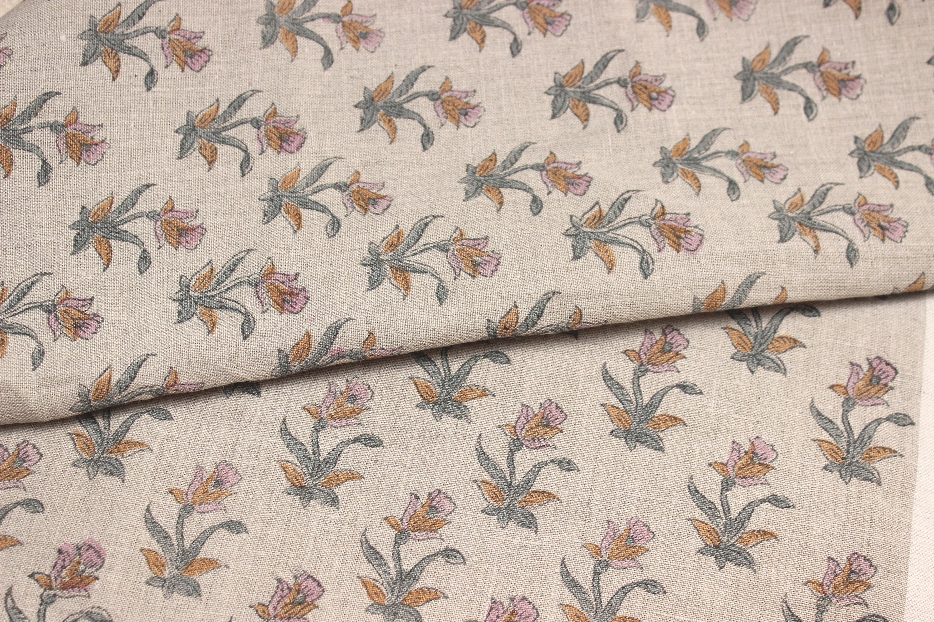 Coastal Tulip  Pure Linen Block Print  Block Print Fabric, Printed Linen Fabric, Block Print Upholstery Fabric, By The Yard, Linen Fabric,