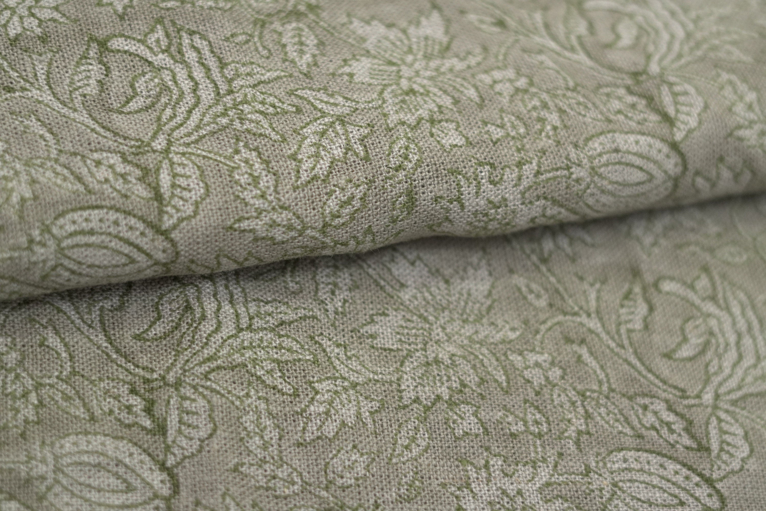 Block Print Linen Fabric, Manikarnika Harit  Natural Green Block Print Linen Fabric  Handmade Indian Handblock Art  Linen & Cotton For Home And Interior Decors