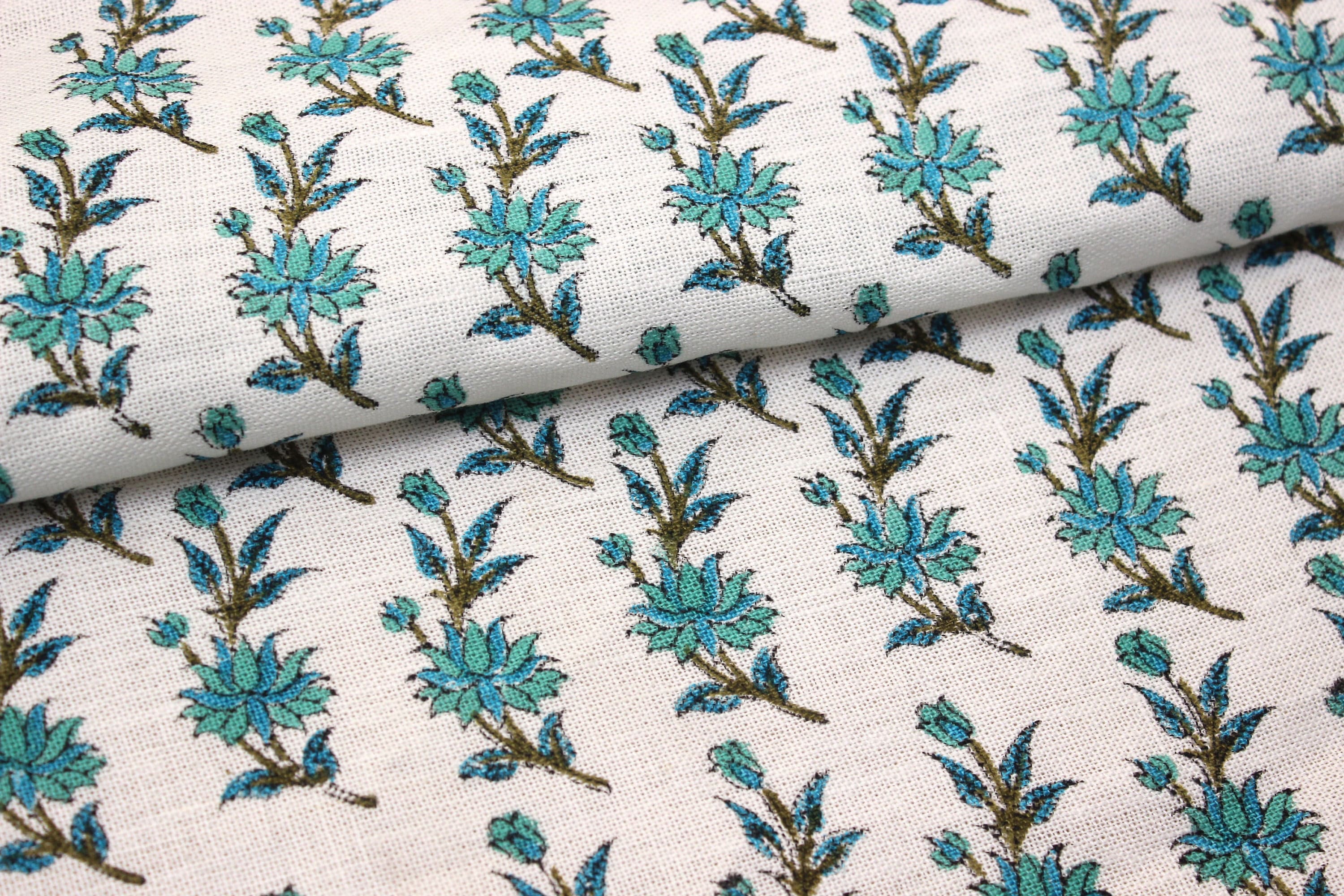 Block Print off white Linen 58" Wide, Genuine Fabric, Curtain Cover, Floral, Indian Cushion Cover - Deepika