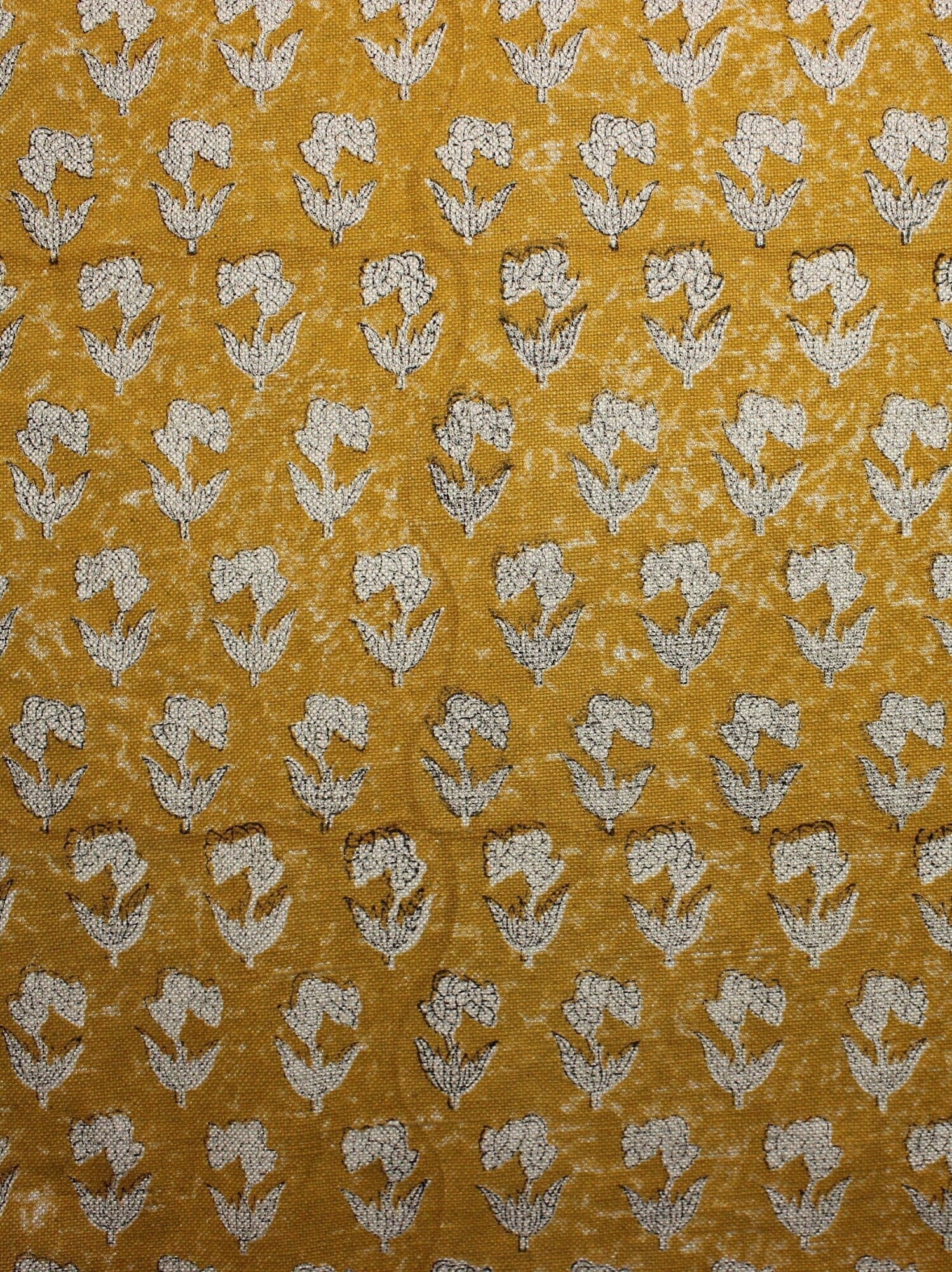 Block Print Linen Fabric, Thick Handloom Linen Fabric Block Print Mustard Color Floral Linen Fabric For Cushion Pillow Cover, Upholstery Fabric