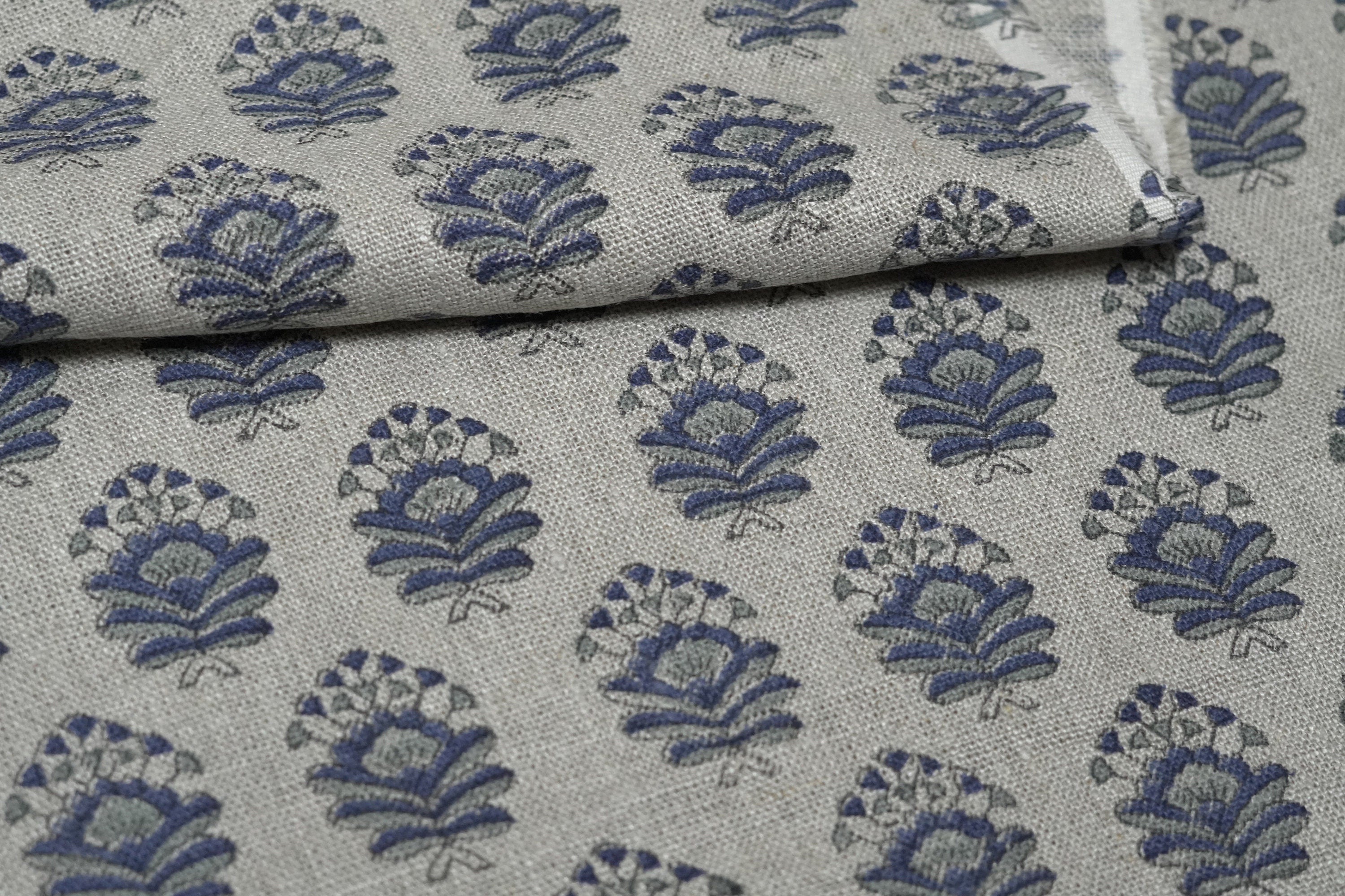 Bheeshma  Linen Indian Block Print Fabric, By The Yard Length58"Wide, Pillow Cover Cases, Heavy Linen Upholstery