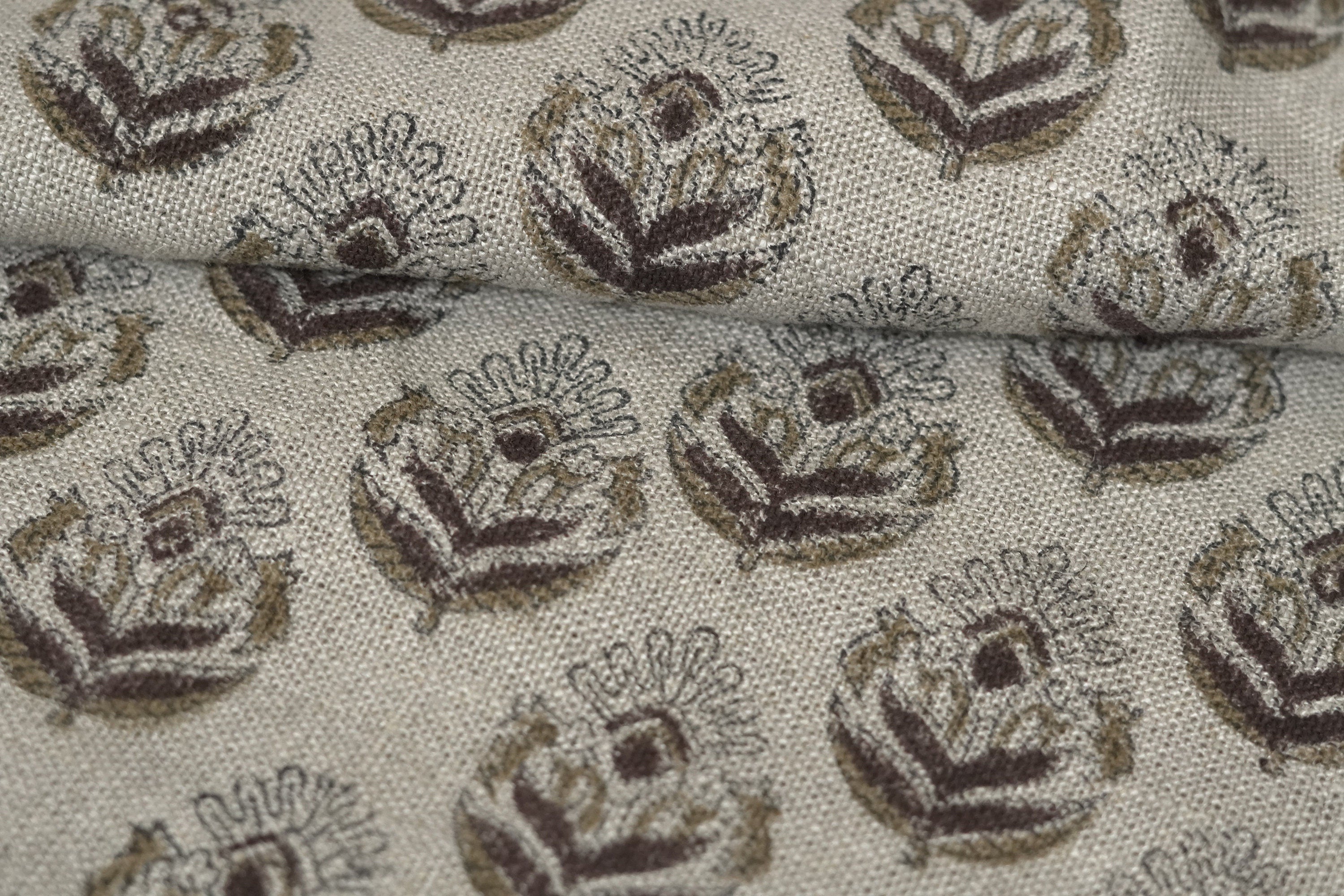 Chui Mui Brown  Heavy Handloom Linen,India Block Print Fabric  Farmhouse Linen Pillow Case, Sofa Chair Upholstery And Handmade Decors