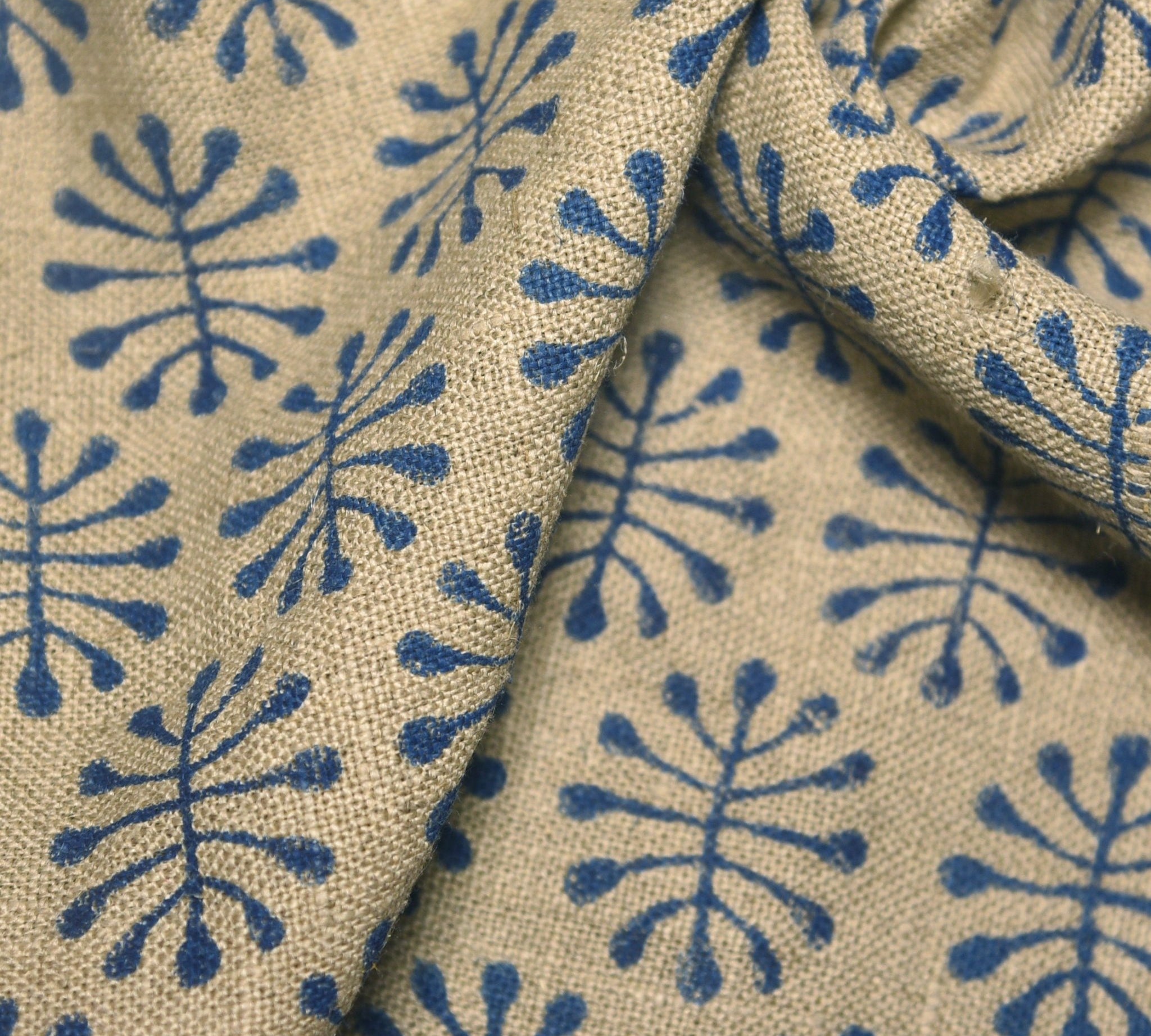 Block Print Linen Fabric, Neela Jugnu  Block Printed Linen Fabric  Indian Linen Upholstery Fabric By The Yard, Block Print Handloom Linen Pillow Cases