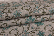 Aradhana Blue  Floral Linen Block Print Fabric, Handloom Linen, Hand Blocked Upholstery, Pillow Case Home Decor