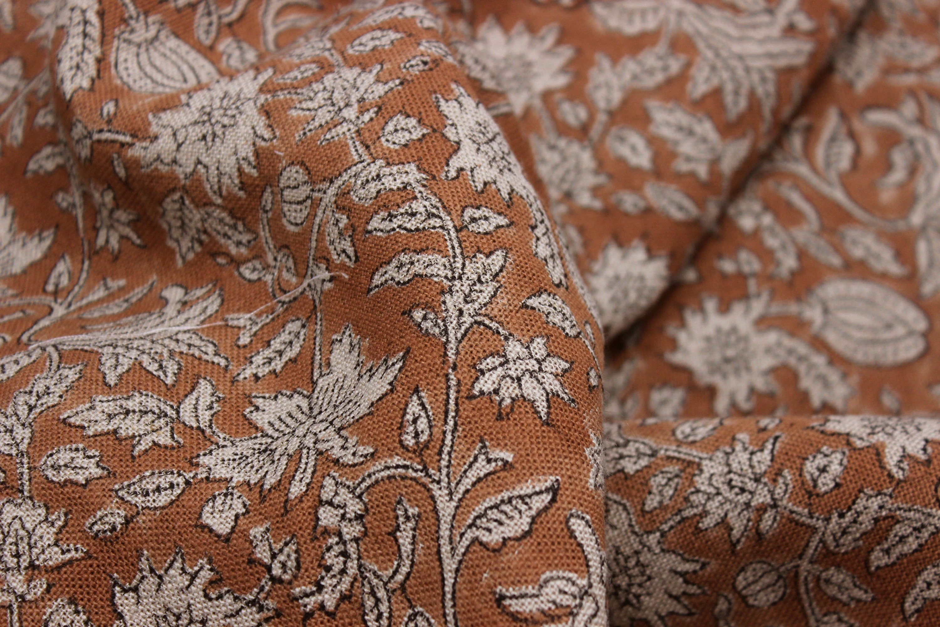 Block Print Linen Fabric, Manikarnika  Handloom Linen Fabric, Block Print Thick Linen Fabric  Brown Floral Block Print Fabric  Linen By The Yard