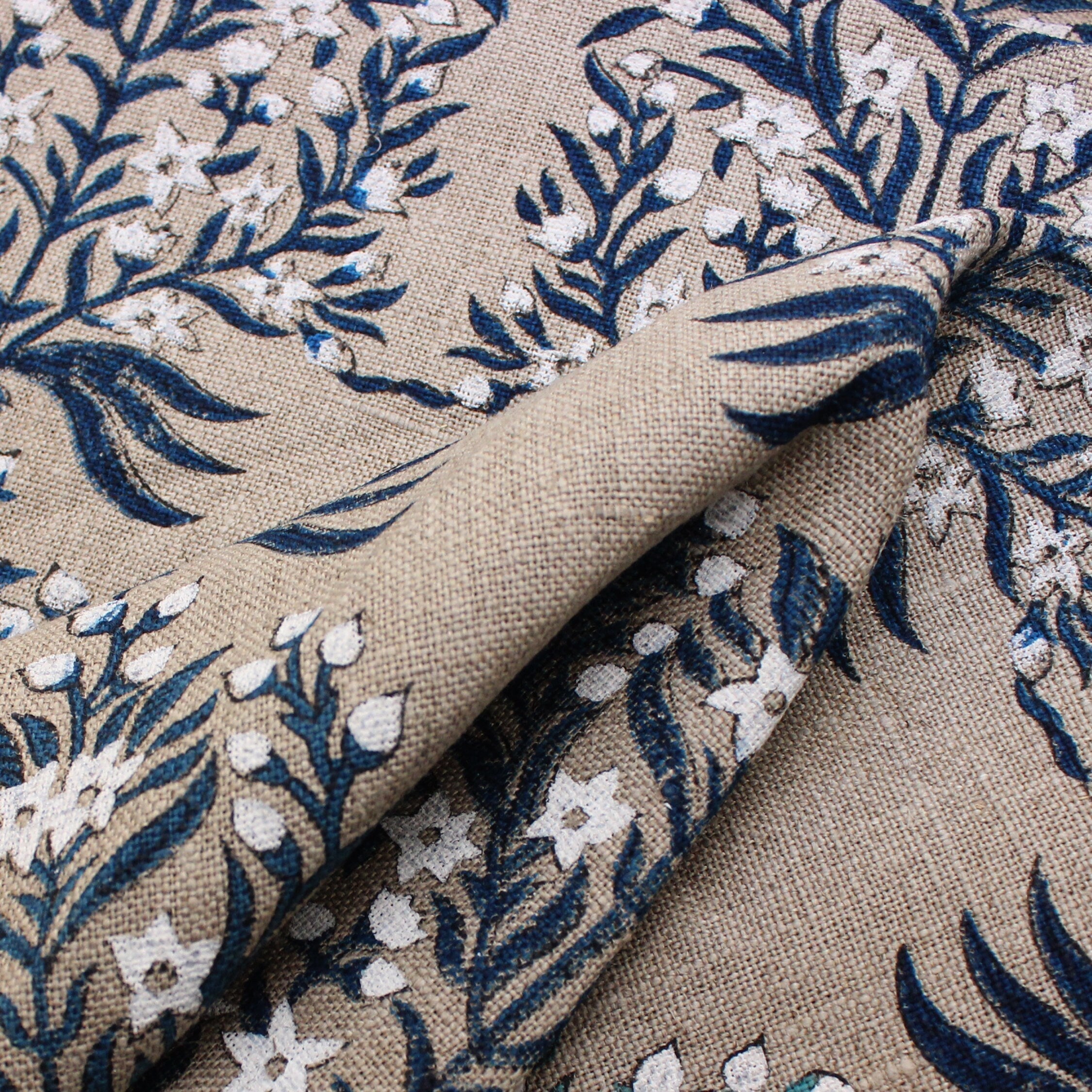 Block Print Linen Fabric, Vrindavan Flower  Hand Block Linen Pure Natural Fabrichandloom Upholstery  India Linen Fabric  Indian Hand Block Print  Indigo & White