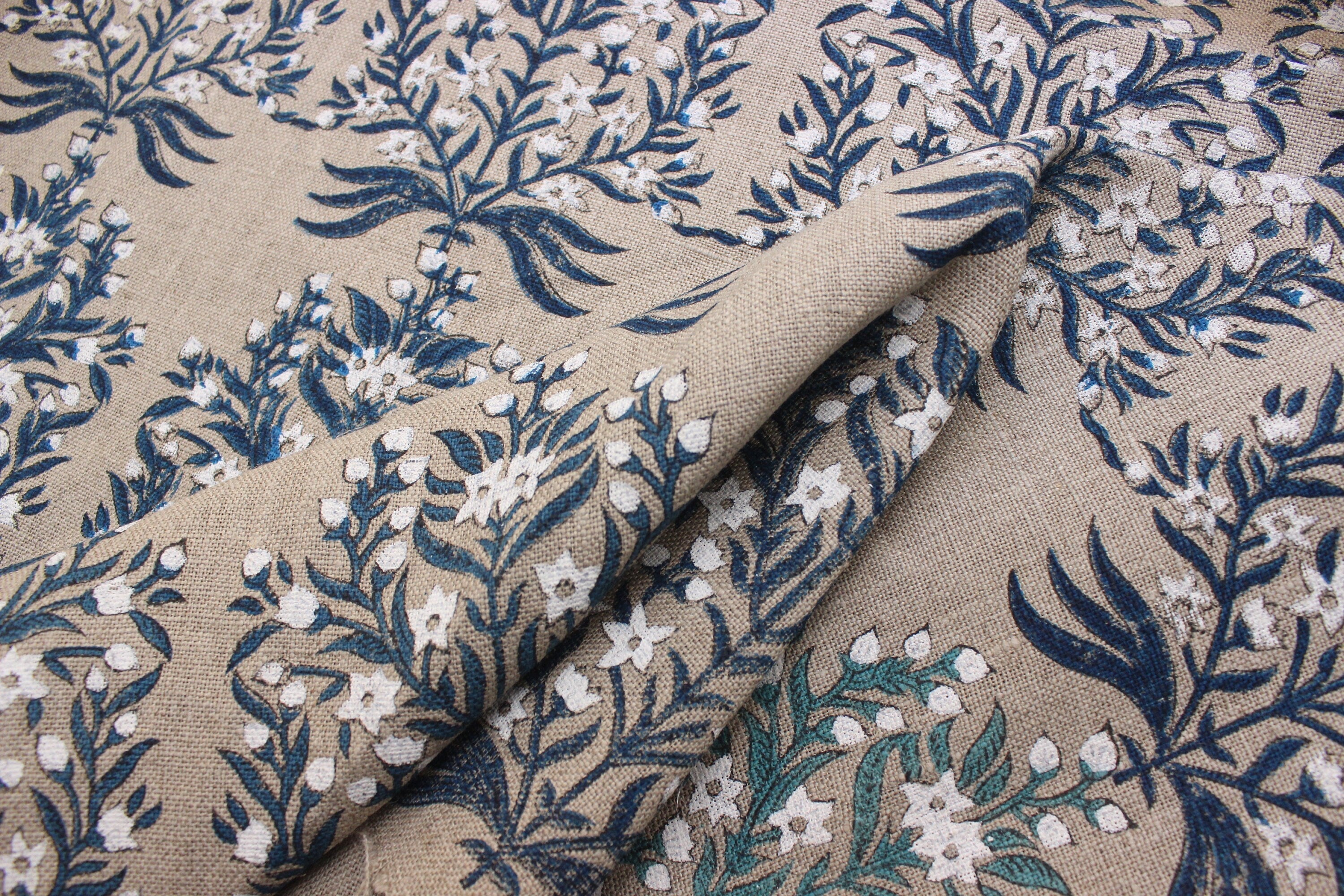 Block Print Linen Fabric, Vrindavan Flower  Hand Block Linen Pure Natural Fabrichandloom Upholstery  India Linen Fabric  Indian Hand Block Print  Indigo & White