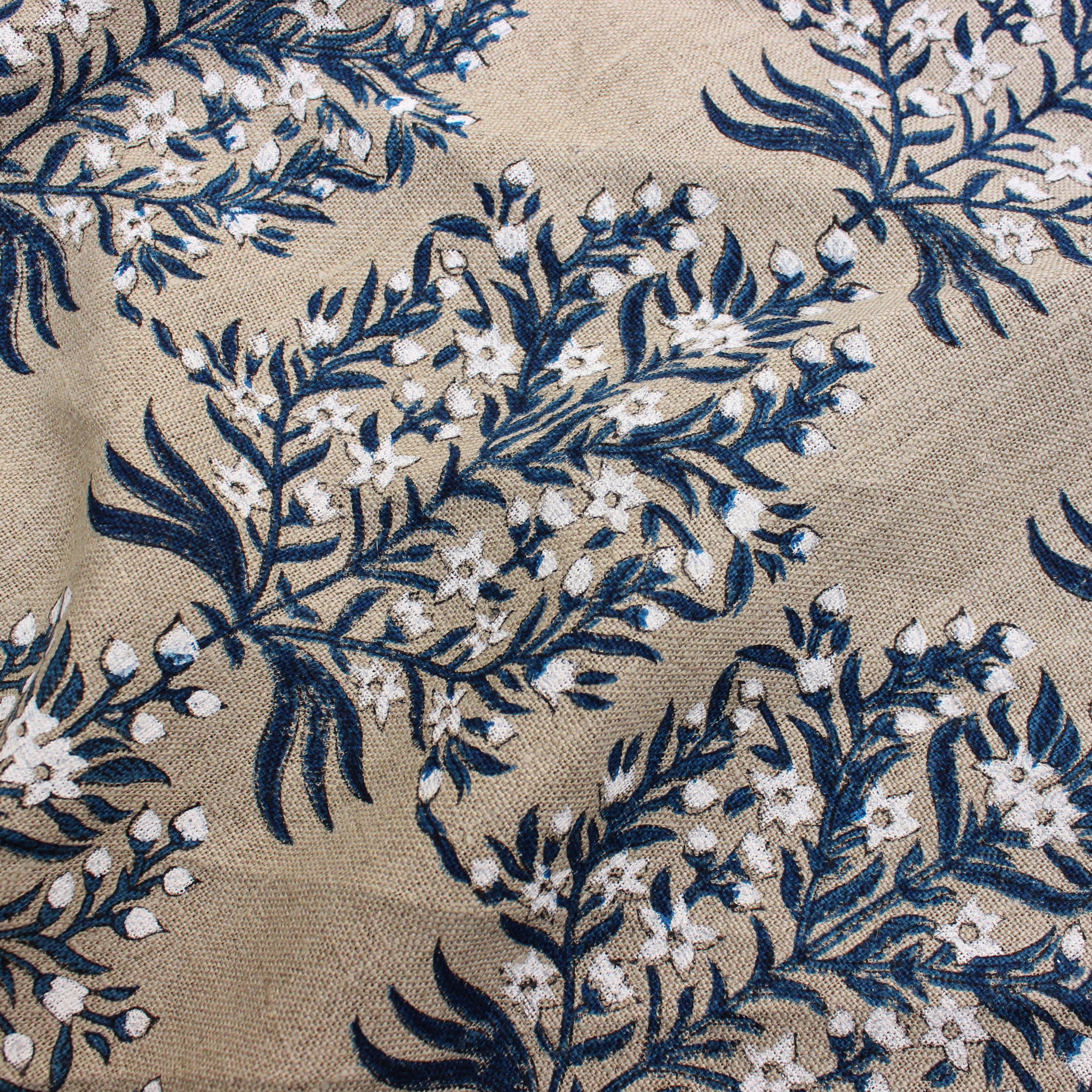 Block Print Linen Fabric, Vrindavan Flower  Hand Block Linen Pure Natural Fabrichandloom Upholstery  India Linen Fabric  Indian Hand Block Print  Indigo & White