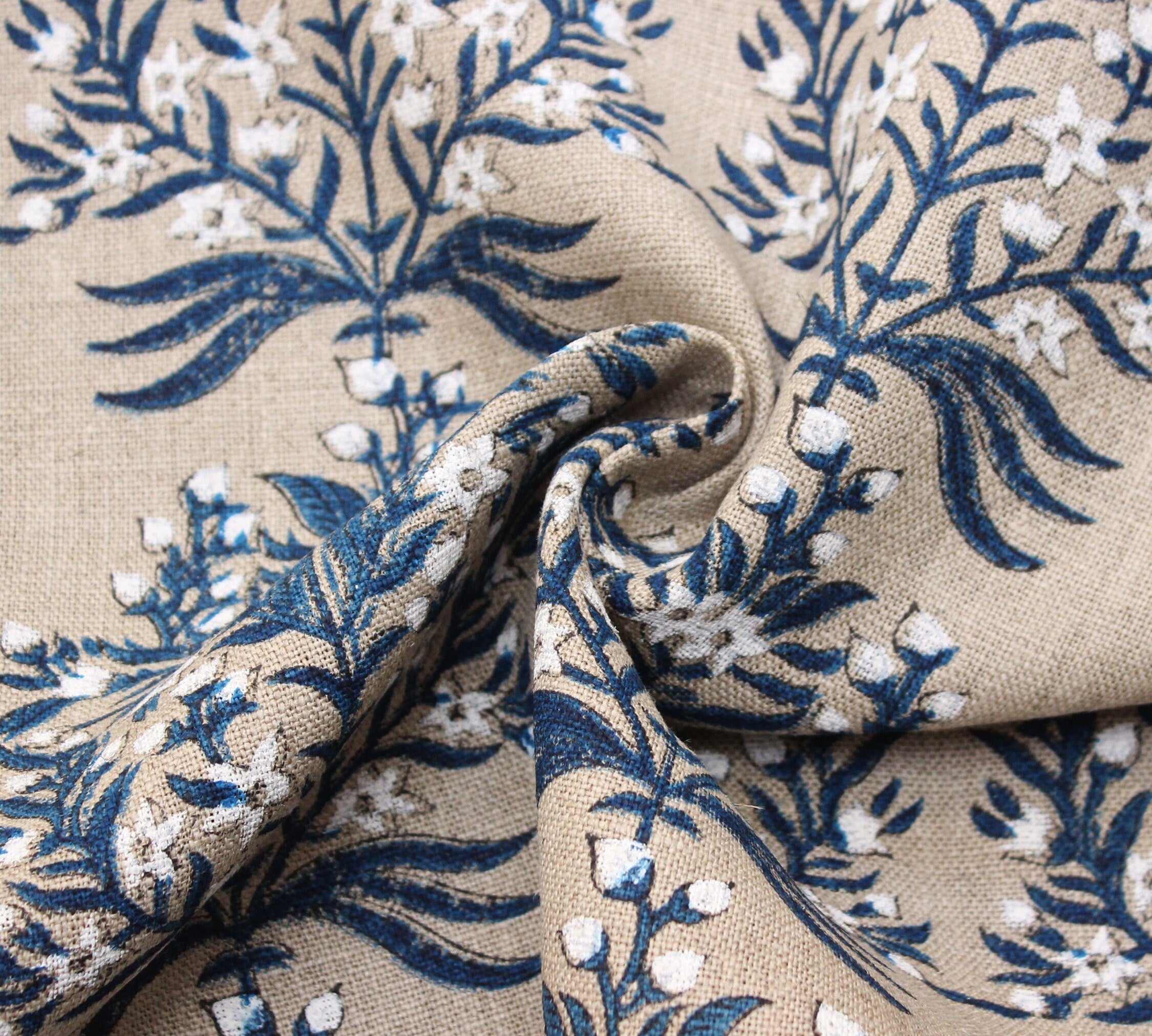 Block Print Linen Fabric, Vrindavan Flower  Hand Block Linen Pure Natural Fabrichandloom Upholstery  India Linen Fabric  Indian Hand Block Print  Indigo & White