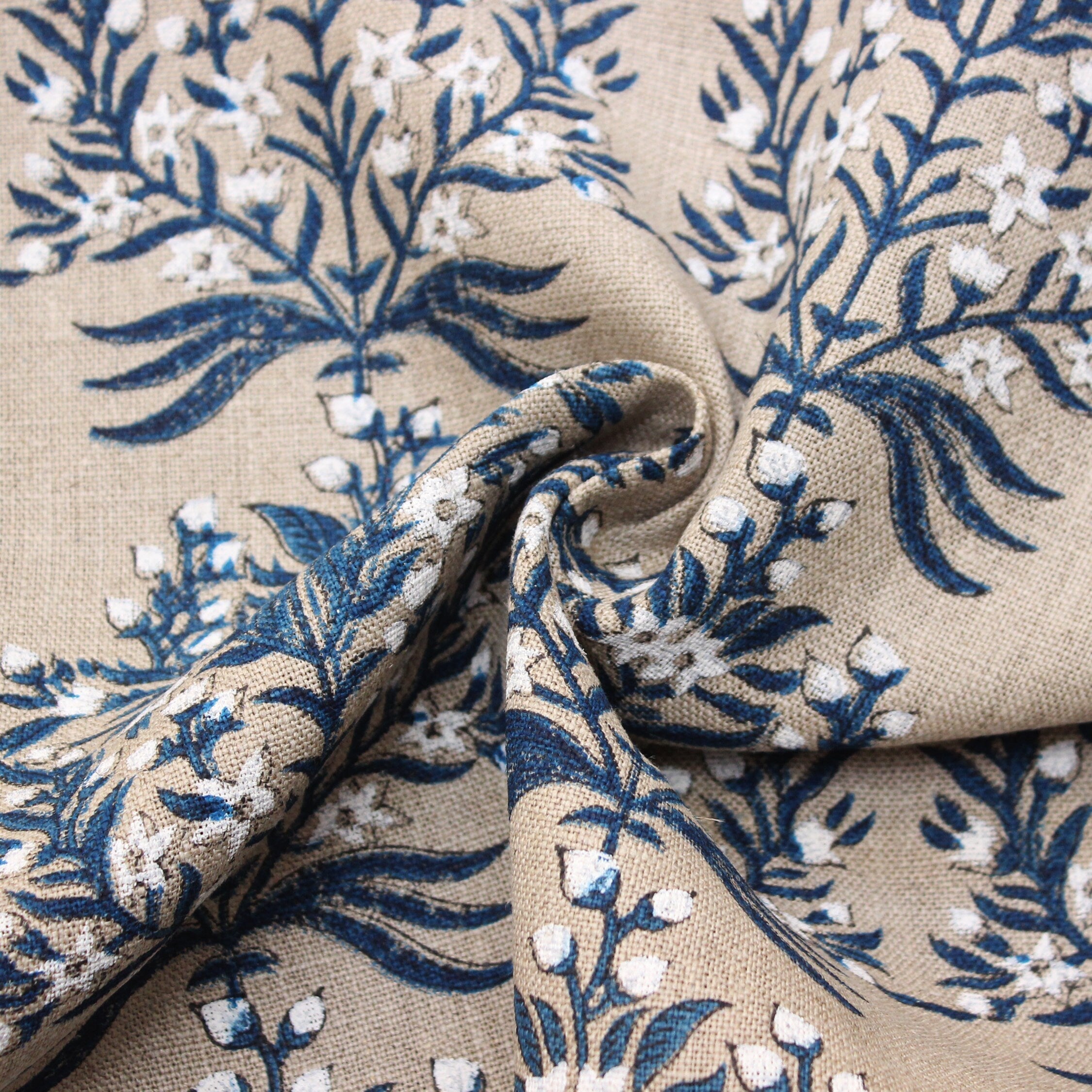 Block Print Linen Fabric, Vrindavan Flower  Hand Block Linen Pure Natural Fabrichandloom Upholstery  India Linen Fabric  Indian Hand Block Print  Indigo & White