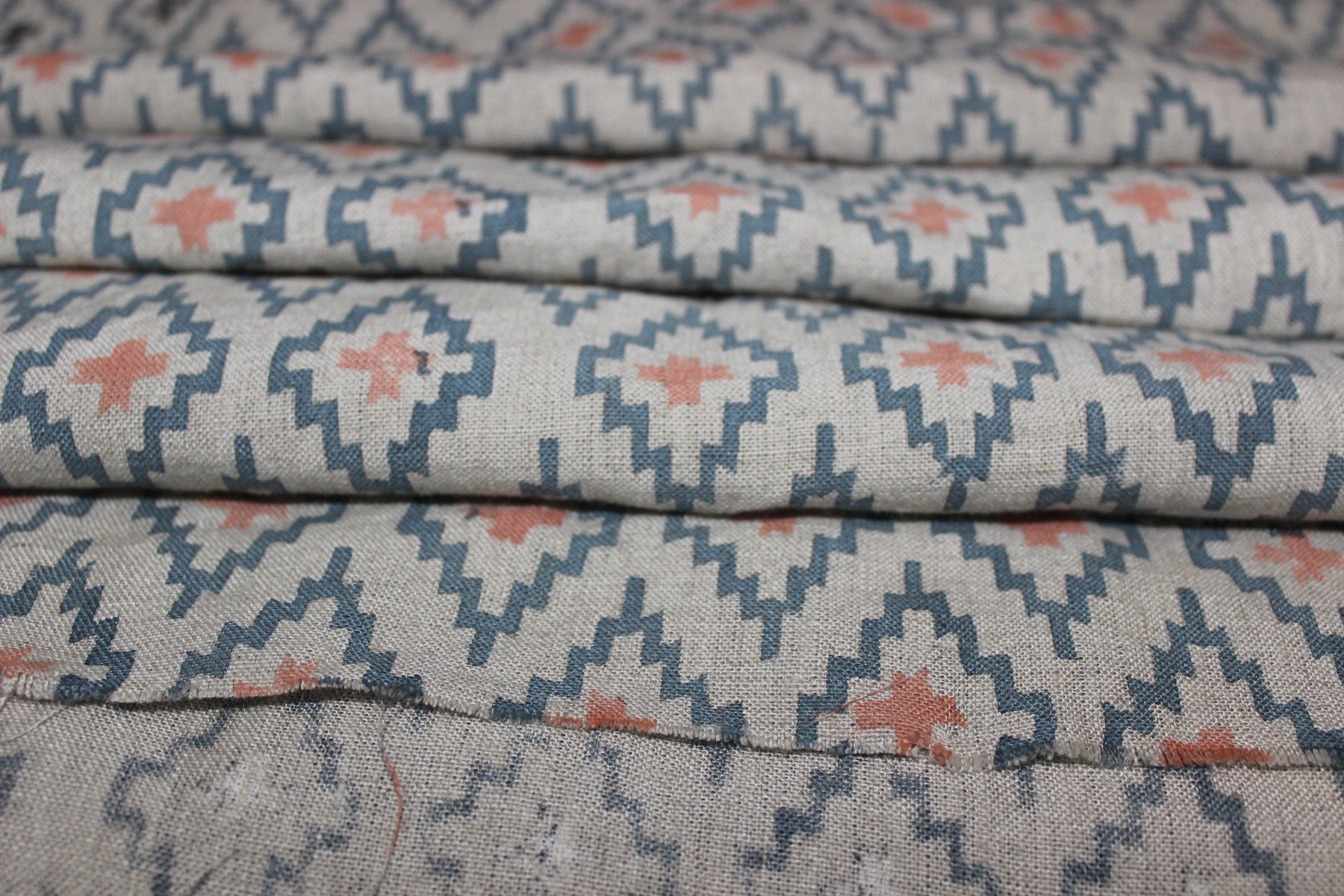 Ikat  Block Print On Linen Fabric  Hand Blocked Printed Indian Fabric By The Yard