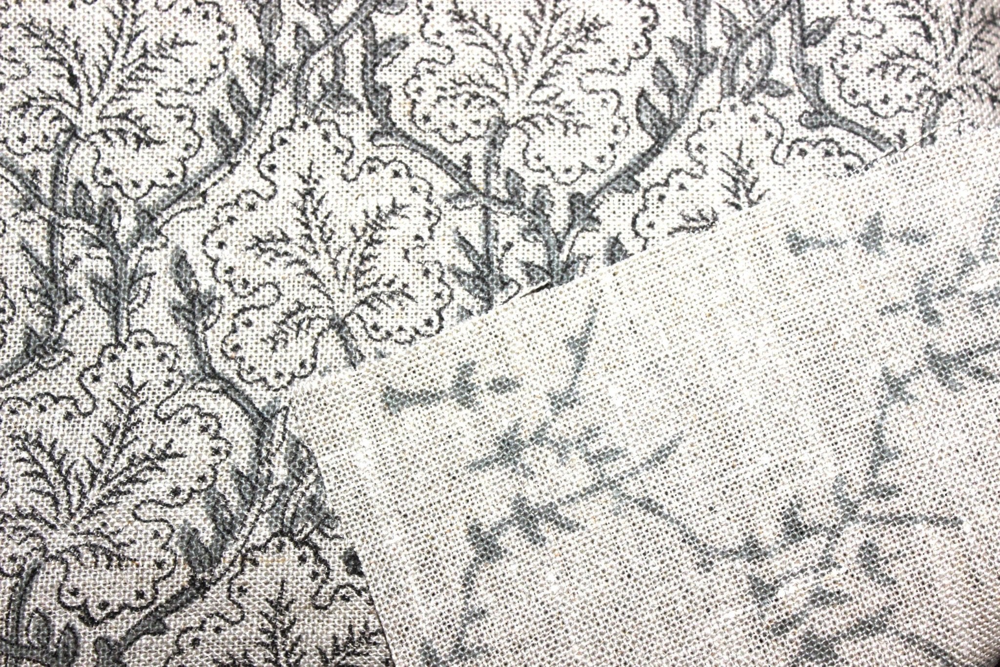 Block Print Linen Fabric, Pushp Samhita   Pillow Cover Fabric Linen, Hand Block Printed, Gray Papaya Leaf Print, Linen Upholstery Fabric, Designer Fabric