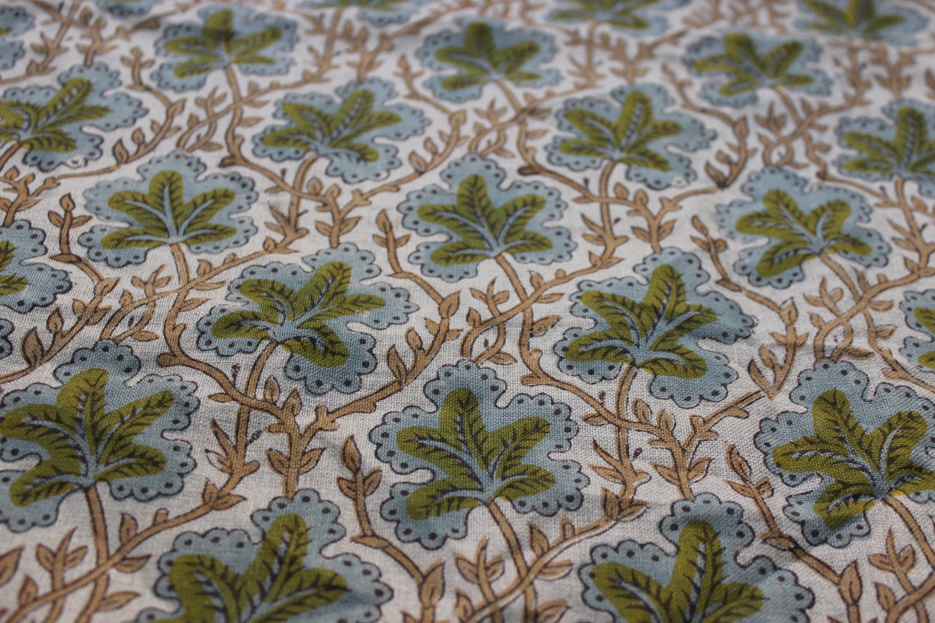 Block Print Linen Fabric, Pushp Samhita    A Unique Floral Printed Fabric, Block Print Fabrics By Yard Flower Upholstery Fabric, Designer Pillow Cover Fabric