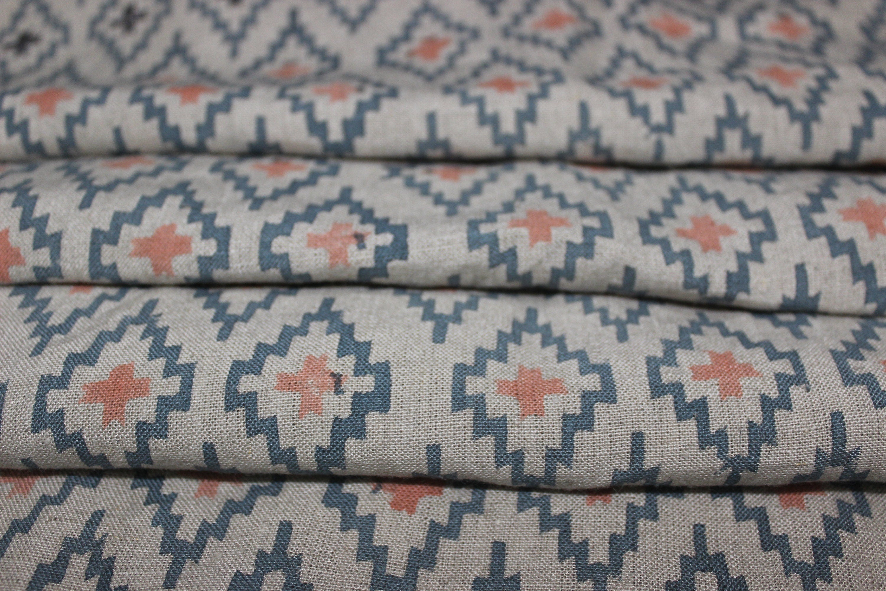 Ikat  Block Print On Linen Fabric  Hand Blocked Printed Indian Fabric By The Yard