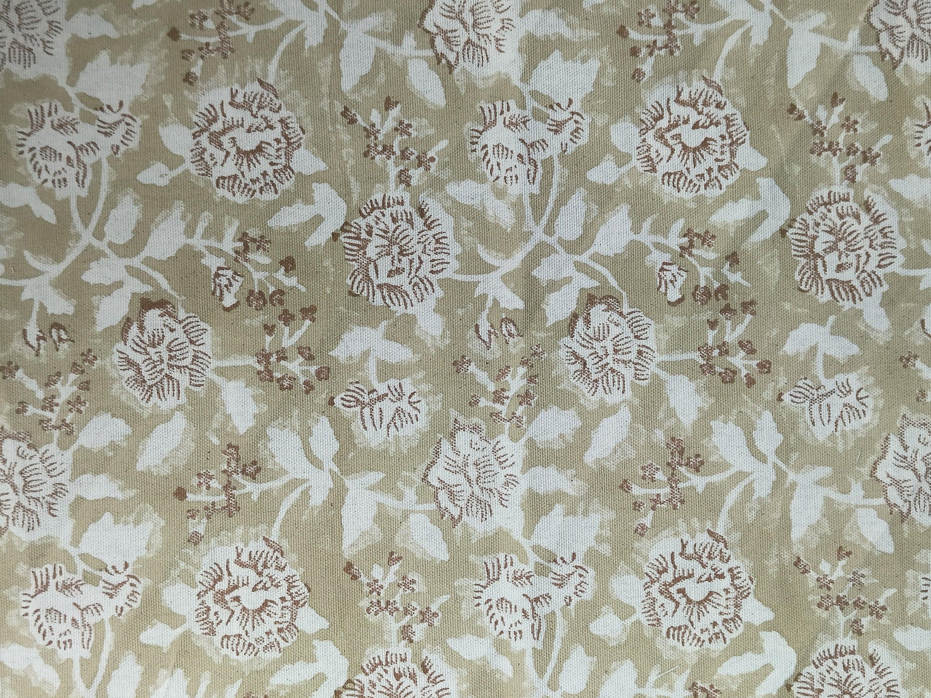 Block Print Linen Fabric, Rameshwaram   Linen& Cotton Fabric With Beige/Brown Floral Hand Block Print Fabric  Running Fabrics By The Yard 