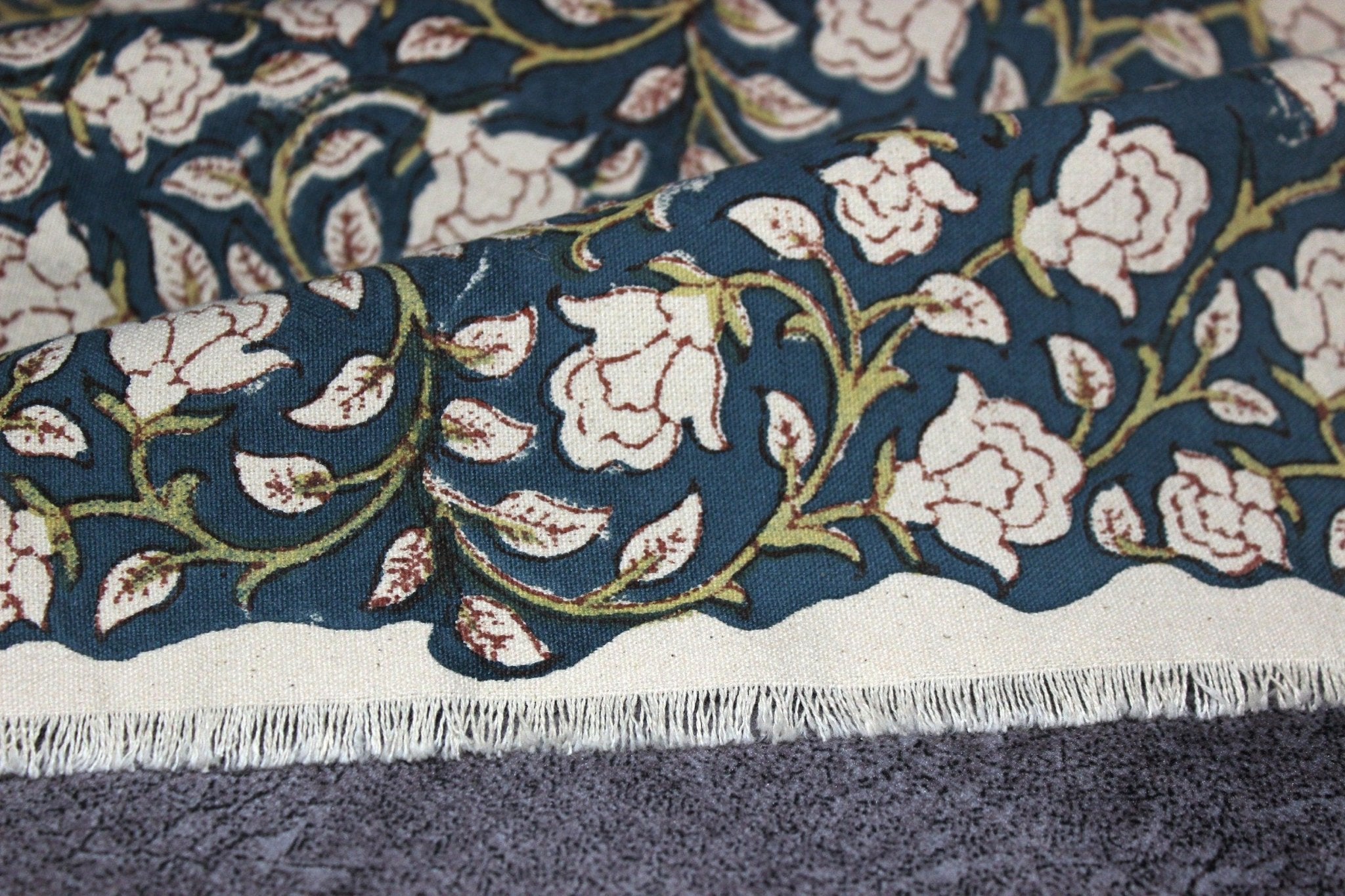 Amrit Vela  Floral Linen Hand Block Fabric  Indian Fabrics Printed Linen & Cotton By The Yard  Natural And Organic Fabrics