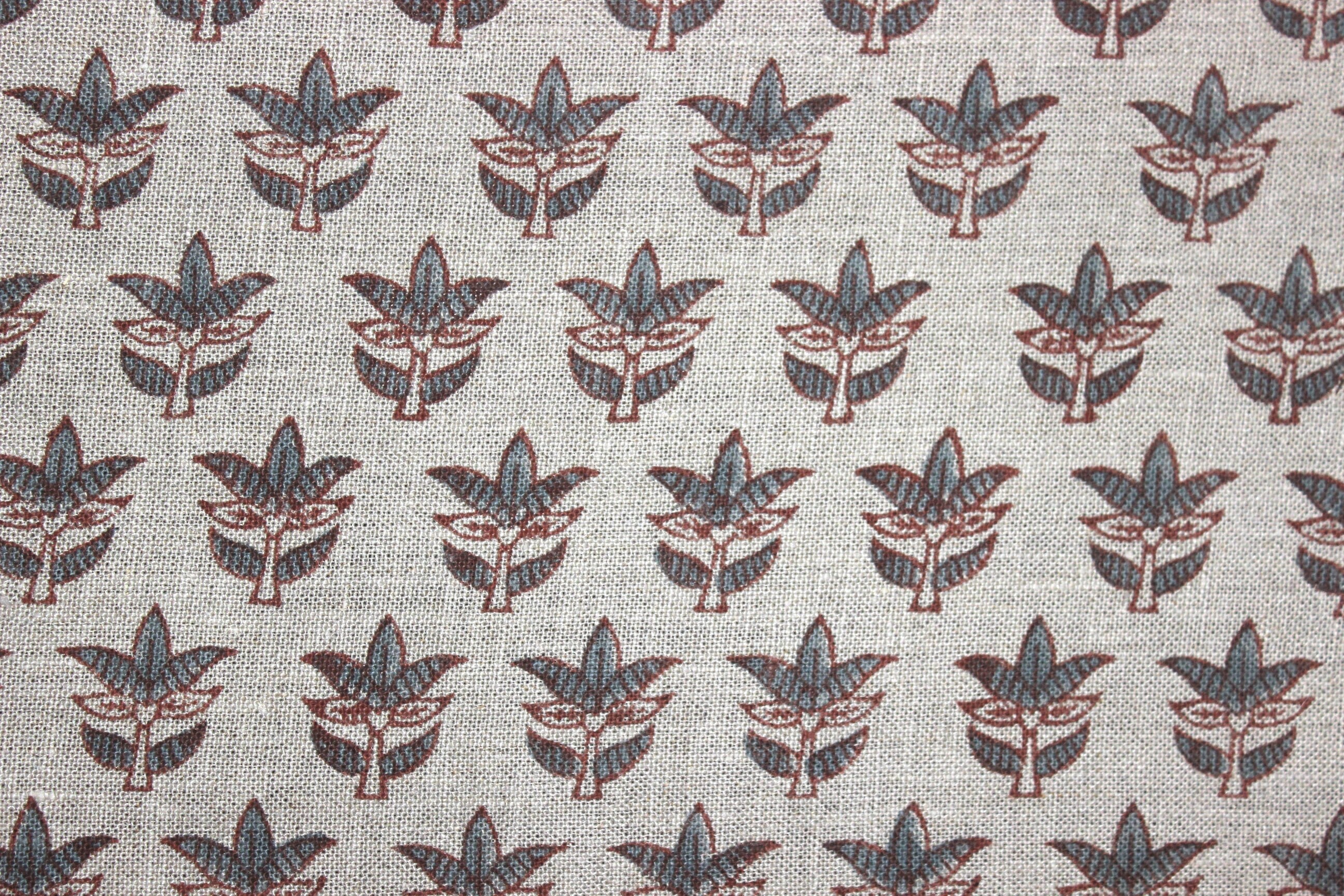 Block Print Linen Fabric, Saapt Patti  Block Print Handloom Linen Fabric Heavy Linen Gray Flower Upholstery Fabric, Pillow Cover Fabric, Curtain Linen By The Yard