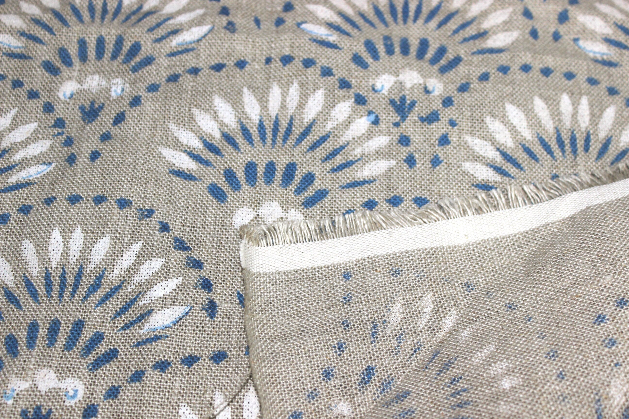Block Print Linen Fabric, Shubharambh  Hand Block Indian Art On Heavy Handloom Linen Fabric, Upholstery&Pillow Cover Fabric By The Yard  Handmade With Natural Dyes