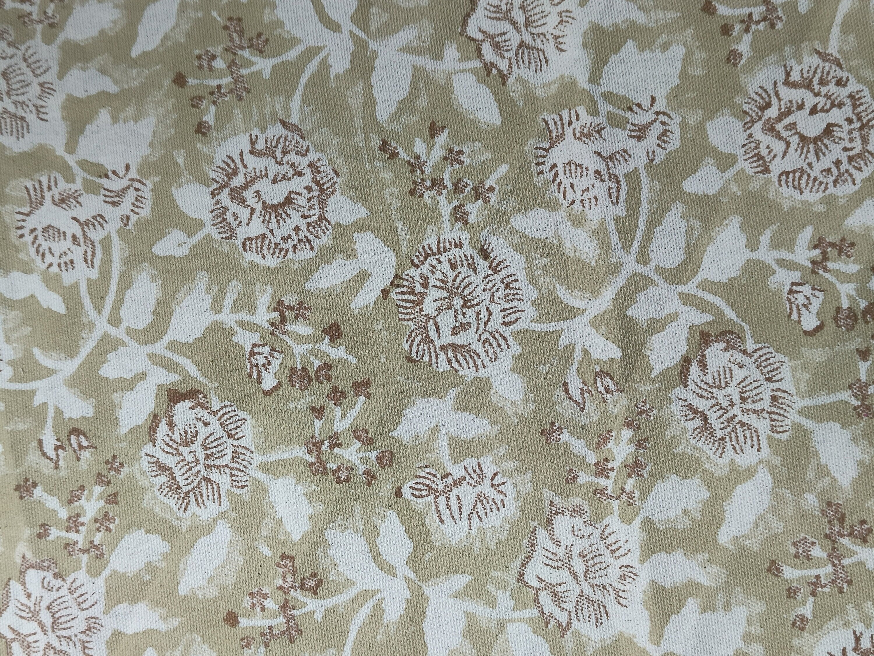 Block Print Linen Fabric, Rameshwaram   Linen& Cotton Fabric With Beige/Brown Floral Hand Block Print Fabric  Running Fabrics By The Yard 